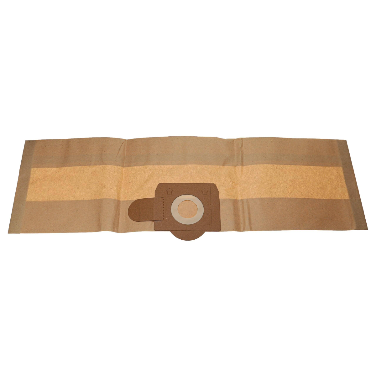 Una bolsa para aspiradora. Es marrón con una franja beige. Tiene un pequeño agujero circular.