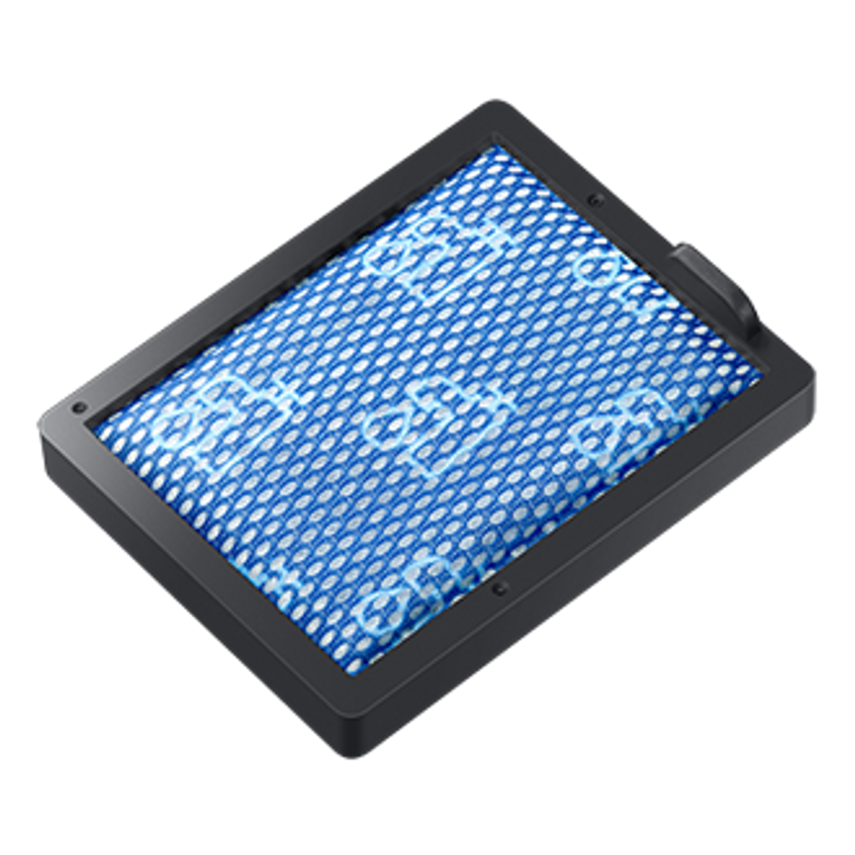 Rechteckiger Luftfilter mit schwarzem Rahmen, blauem Netz und weißem Textmuster.