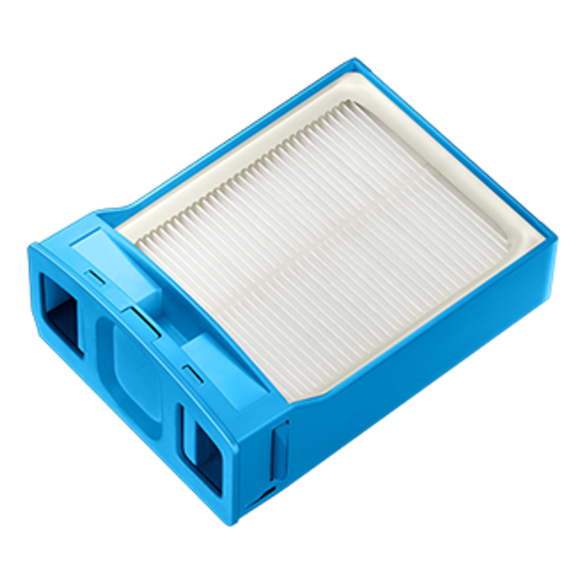 Ein blau-weißer Filter für einen Staubsauger auf schwarzem Hintergrund.