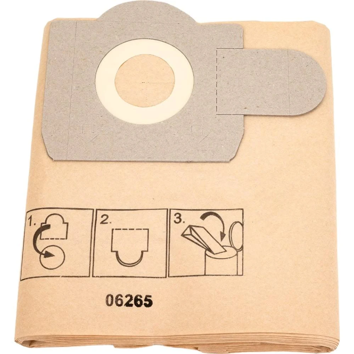 Una bolsa de aspiradora, con diagramas que muestran cómo instalarla. Es beige y tiene una abertura circular.