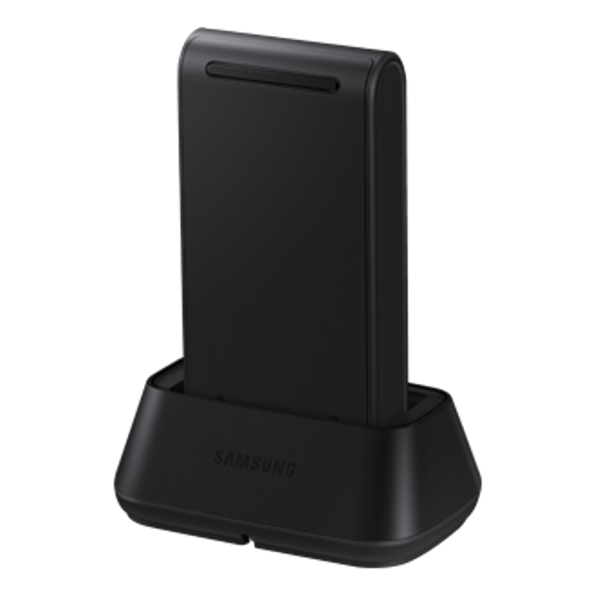 Czarna stacja dokująca do telefonu Samsung. Podstawa jest czarna. Stacja dokująca jest czarna. Logo Samsung znajduje się na podstawie.