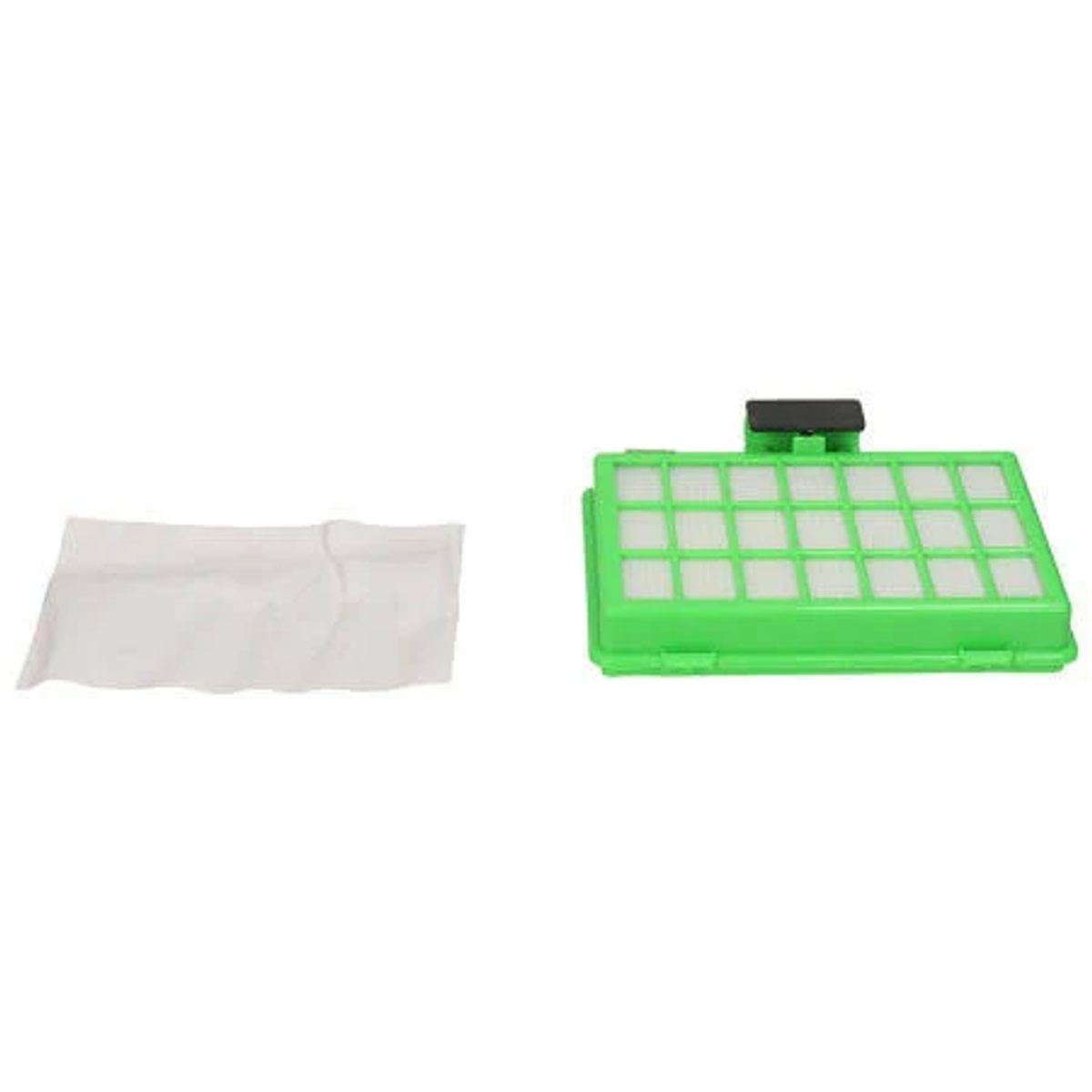Filtro de dos partes con marco verde y filtro blanco. También se muestra un filtro blanco separado.