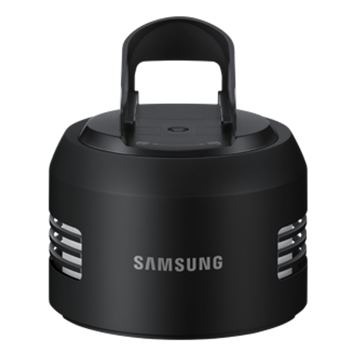 Czarna stacja ładowania Samsung. Ma uchwyt na górze i widoczne logo Samsung.