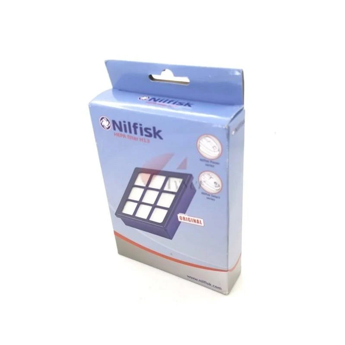Una caja de filtro HEPA Nilfisk azul y blanca.