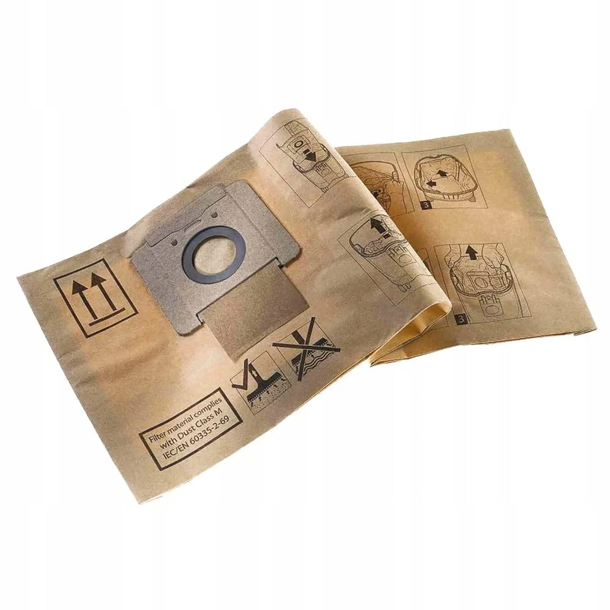Bolsas para aspiradora con diagramas de instalación. Las bolsas son marrones con un accesorio de plástico gris.