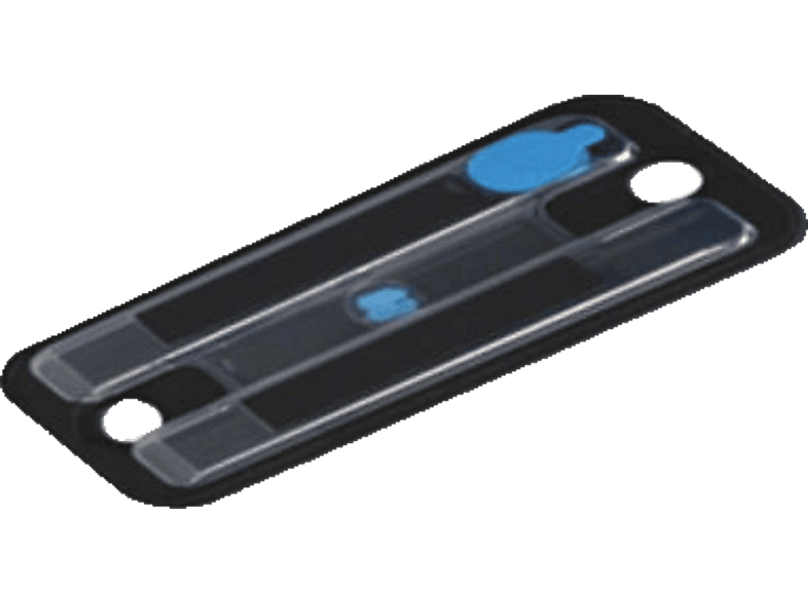 Un dispositivo de prueba de plástico negro. Tiene forma rectangular con dos agujeros y dos manchas azules.