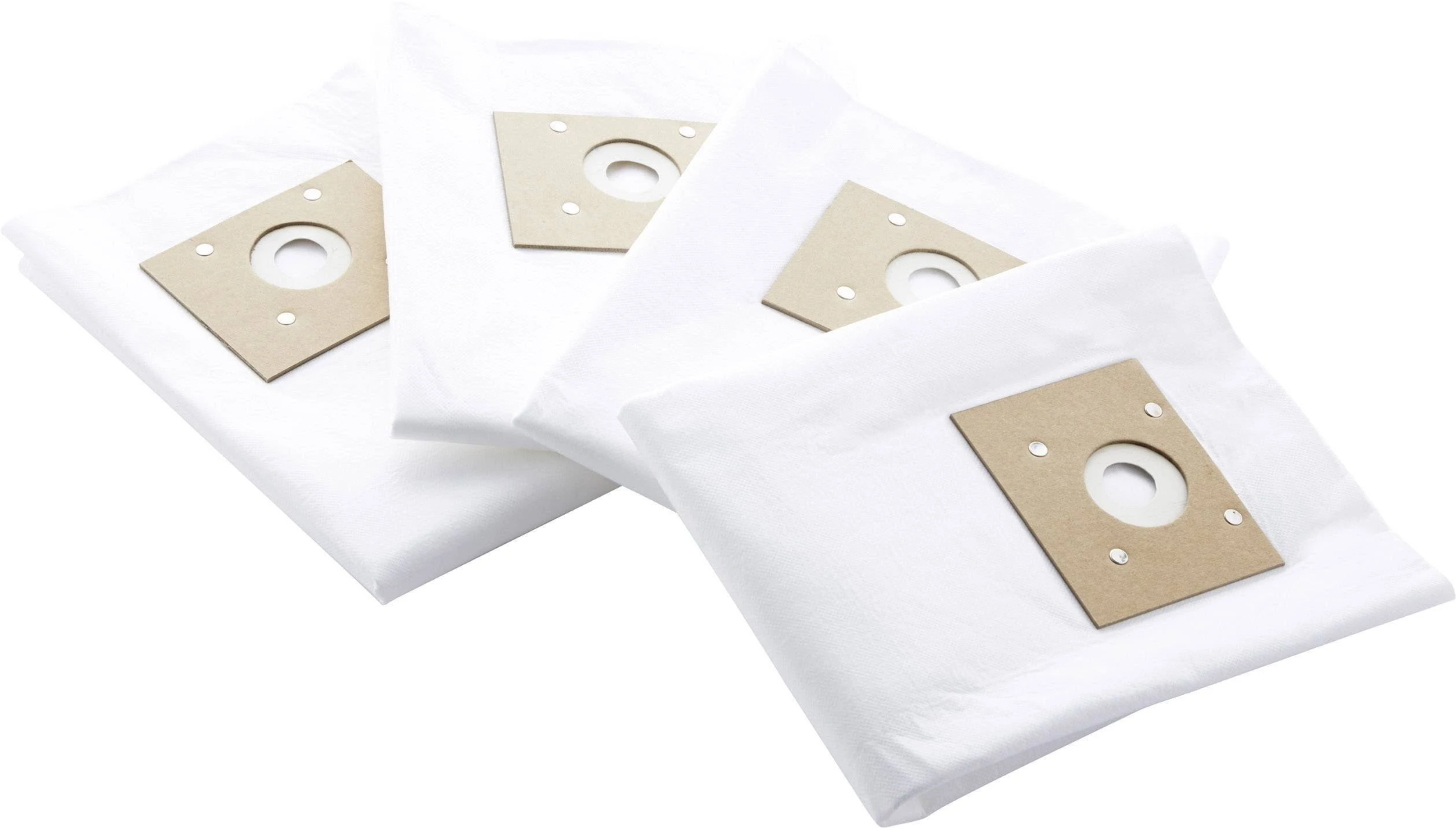 Cuatro bolsas de vacío blancas con inserciones de cartón marrón. Las bolsas son rectangulares.