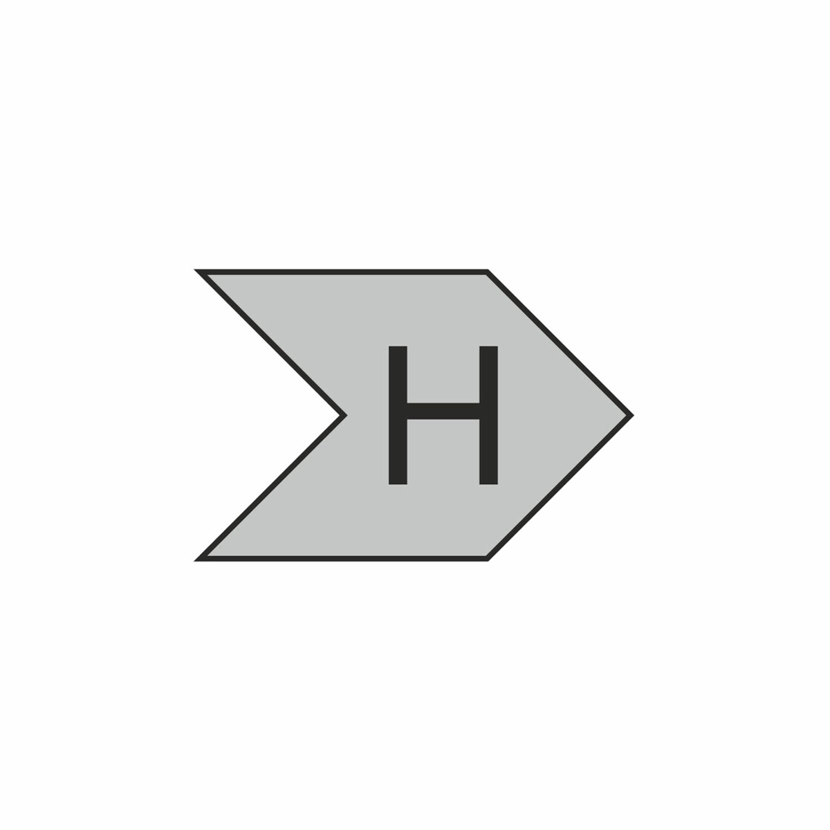 Un simbolo grigio a forma di freccia con la lettera 'H' all'interno, su sfondo bianco. La freccia punta verso destra.