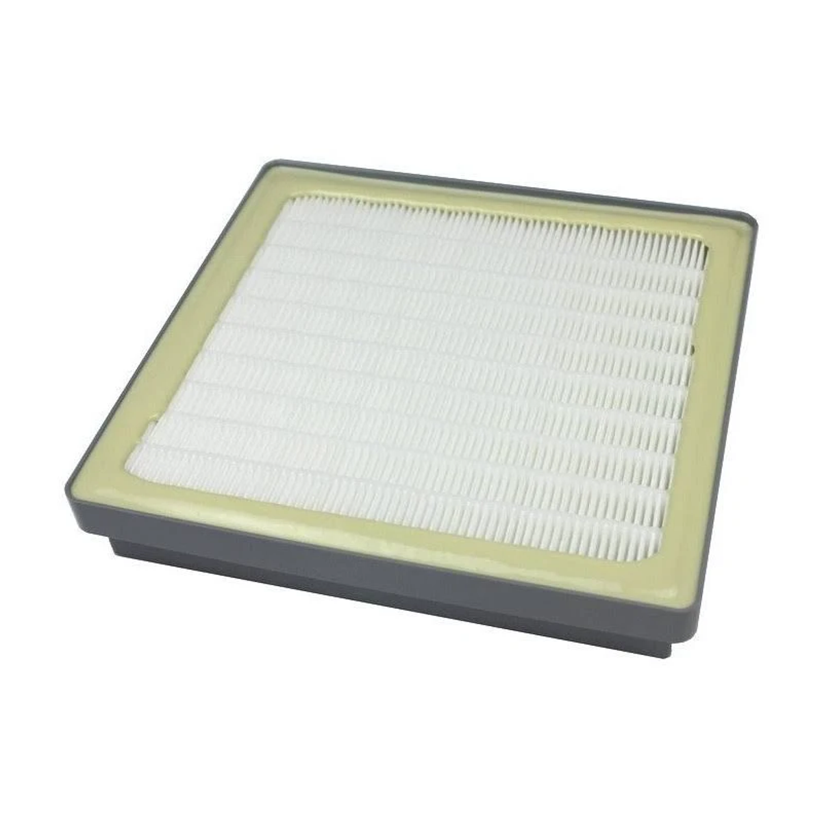 Filtro dell'aria rettangolare con un filtro bianco all'interno di una cornice grigia, con un bordo giallo.