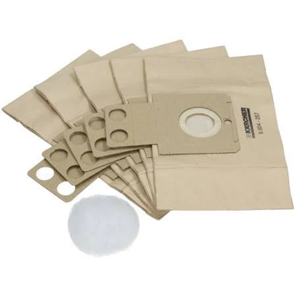 Sacchetti per la polvere dell'aspirapolvere. Varie borse sono impilate, con un filtro davanti.