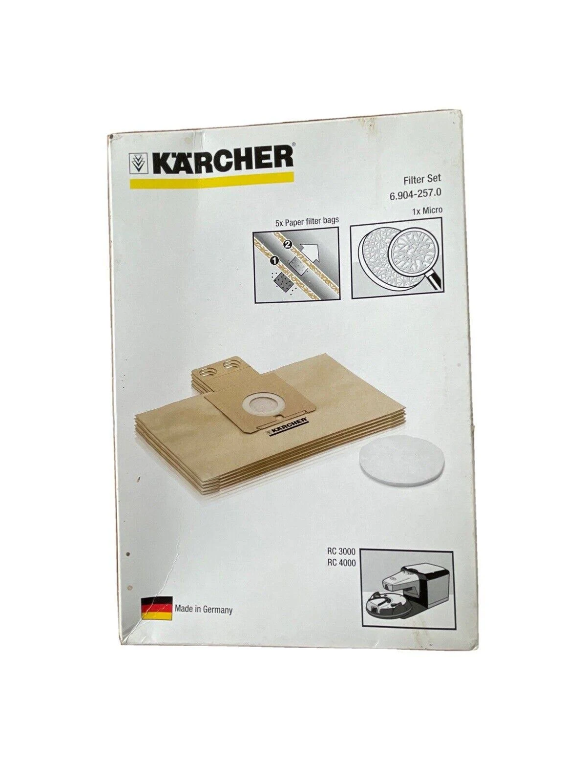 Scatola del set filtro per aspirapolvere Kärcher. Contiene sacchetti filtro in carta e un microfiltro.
