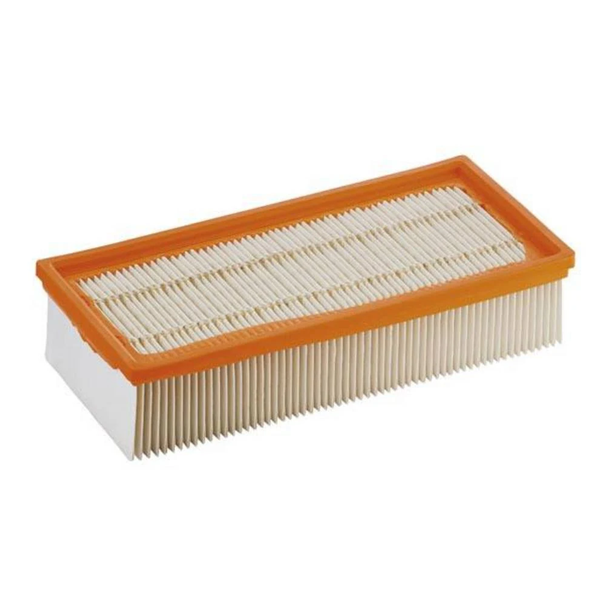 Prostokątny filtr powietrza z pomarańczową ramą i białym materiałem filtrującym. Na białym tle.