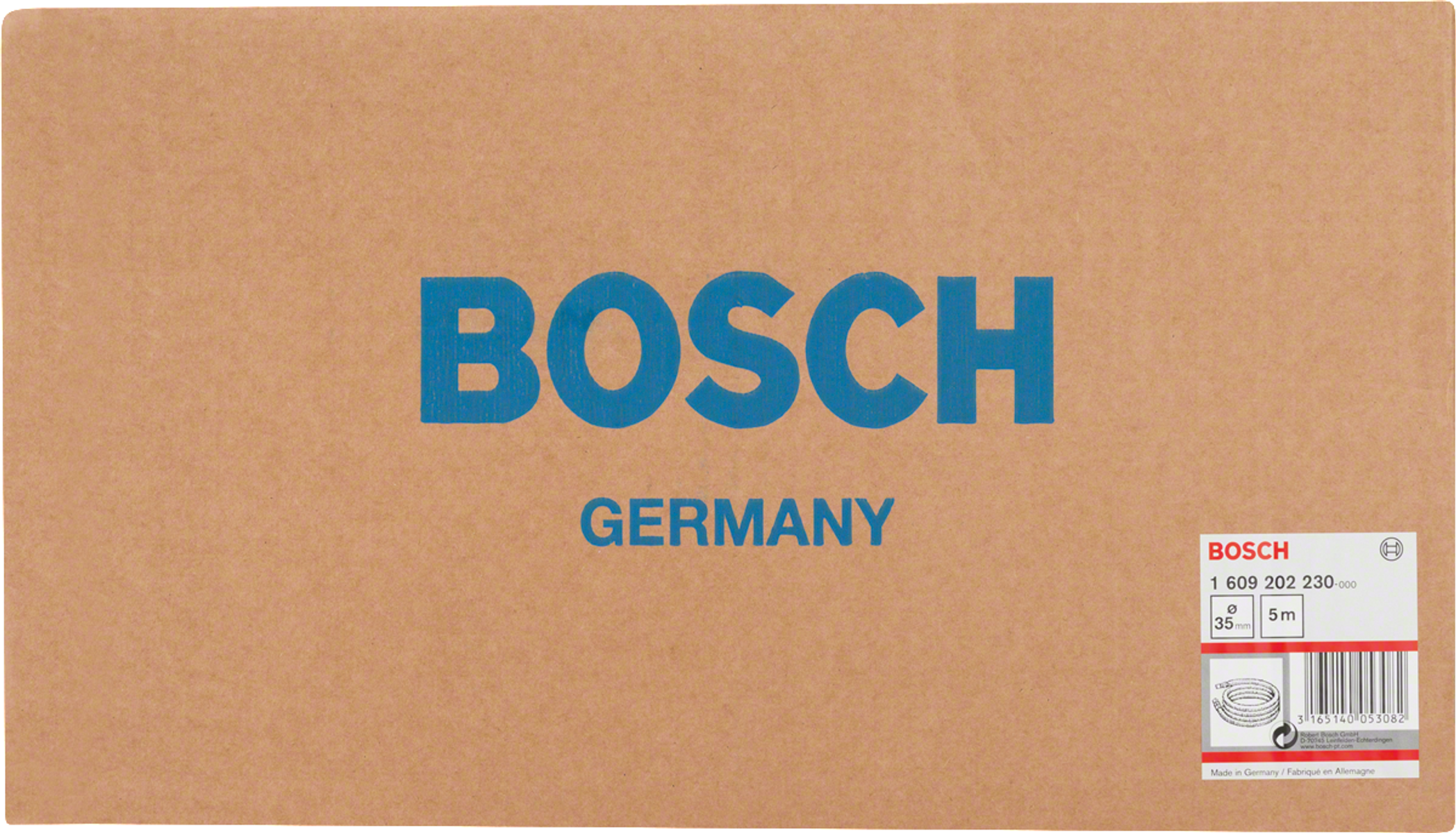 Caja de cartón con "BOSCH GERMANY" impreso en azul. Etiqueta blanca con detalles a la derecha.