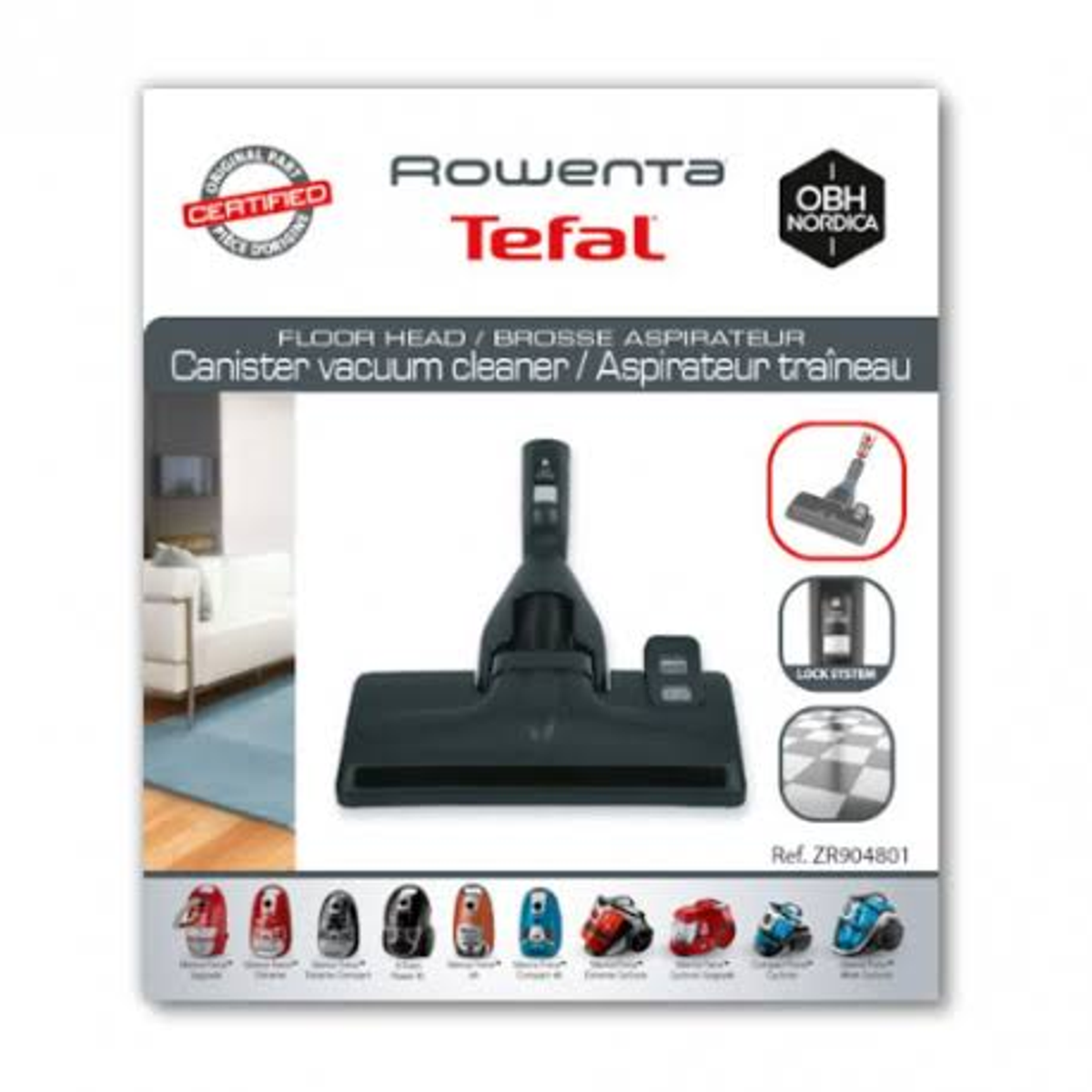 Scatola per aspirapolvere Rowenta Tefal. Mostra una testina per aspirapolvere e accessori con immagini.