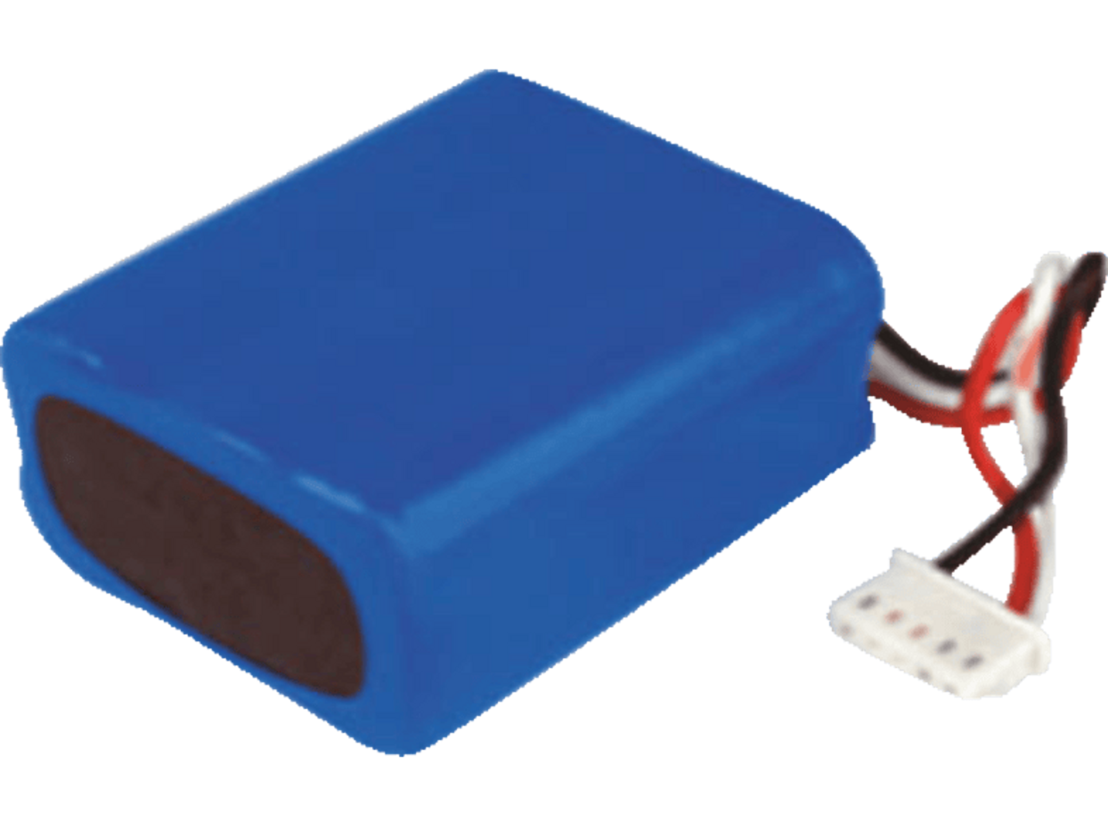 Batería rectangular azul con cables blanco y negro, y conector blanco.