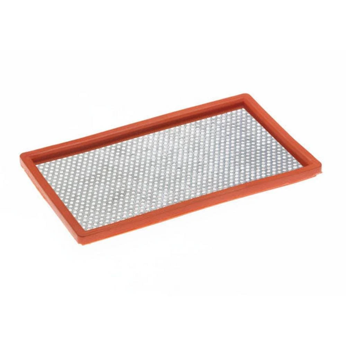 Filtro aria rettangolare con cornice arancione e rete metallica.