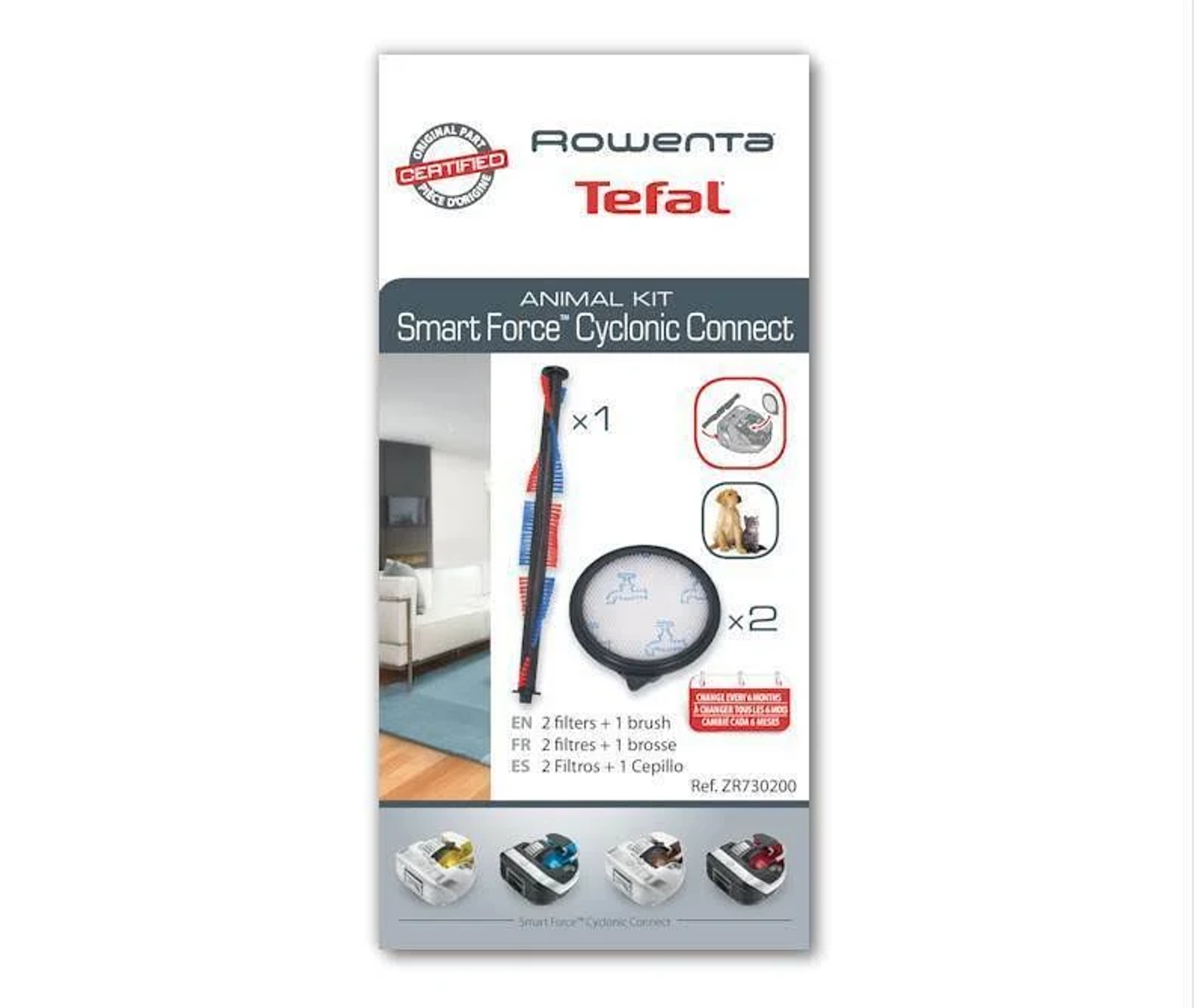 Una caja del kit para animales Rowenta Tefal con accesorios para aspiradoras.
