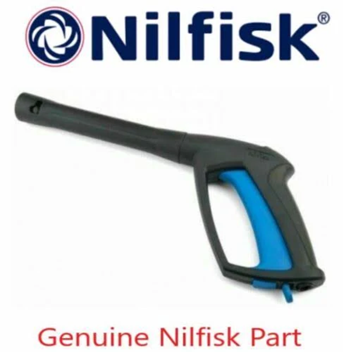Pistola idropulitrice Nilfisk nera e blu su sfondo bianco.