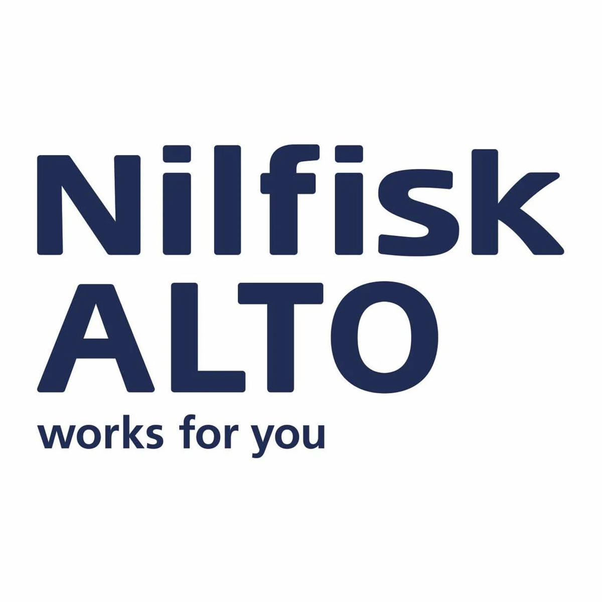 Logotipo de Nilfisk ALTO con fondo blanco. El texto dice "works for you".