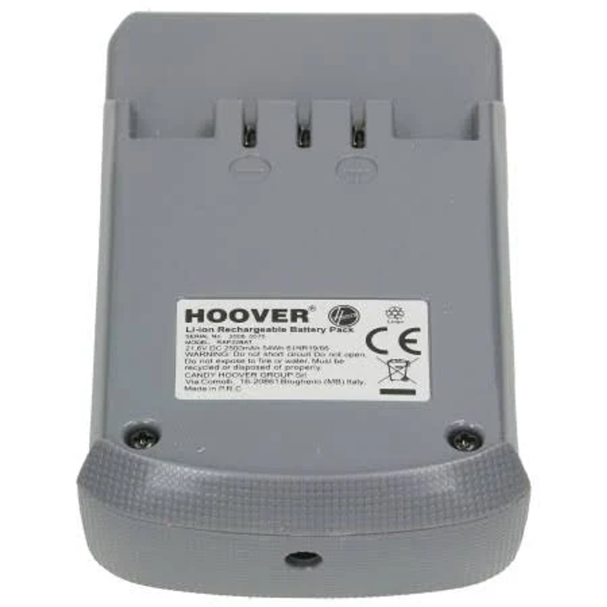 Un pacco batteria Hoover grigio con etichetta e vari segni.