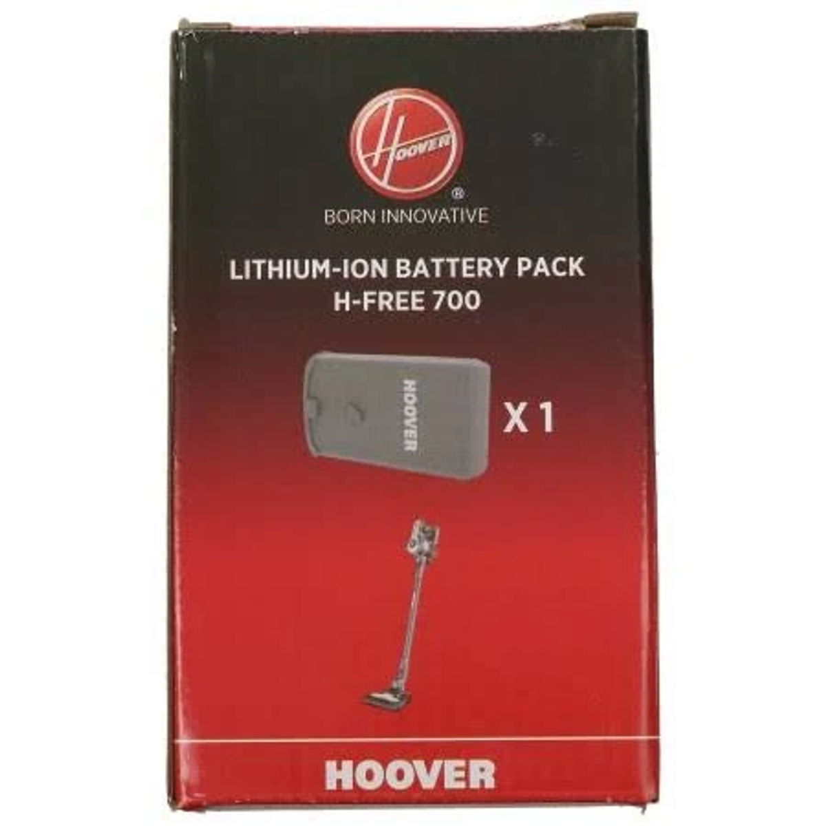 Scatola del pacco batteria agli ioni di litio Hoover, con una piccola immagine di aspirapolvere.