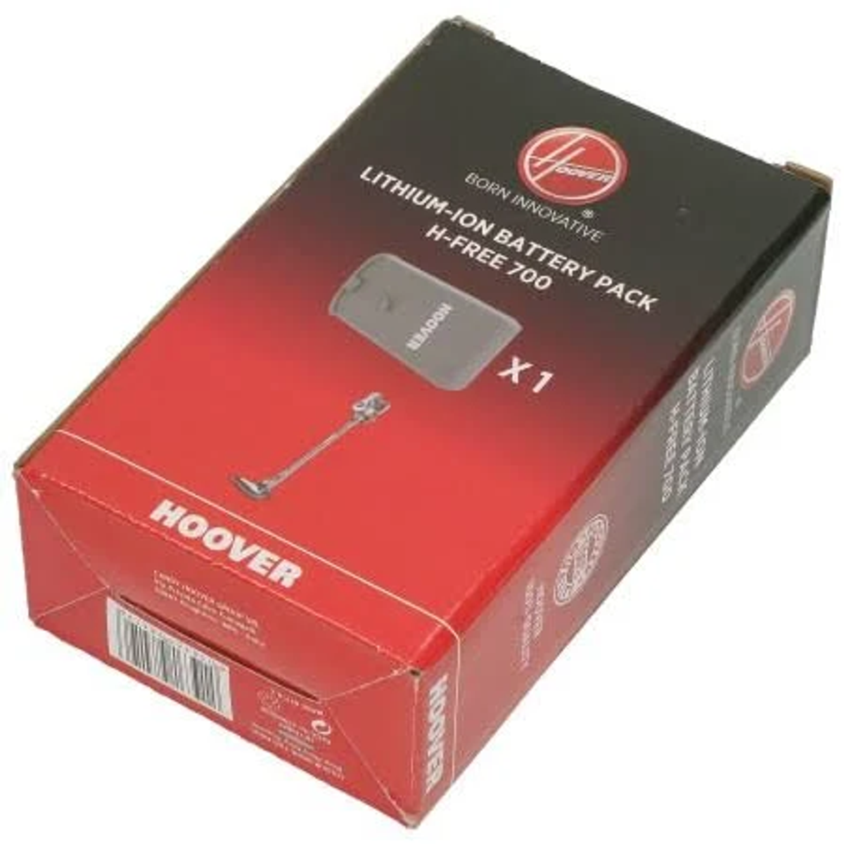 Una scatola di batterie Hoover rossa e bianca con un'immagine di aspirapolvere.