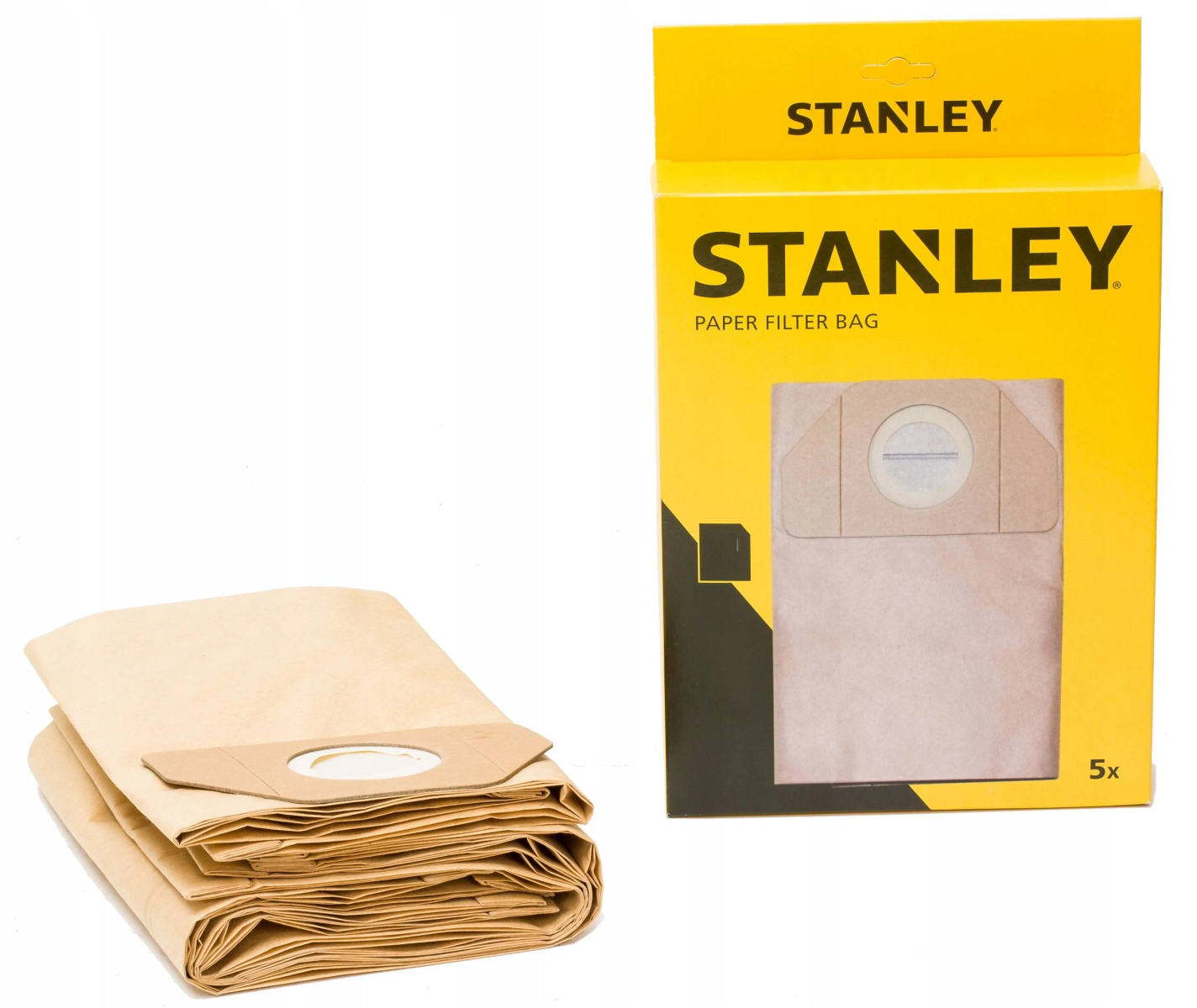 Bolsas de filtro de papel Stanley en una caja amarilla y una pila de bolsas. Color beige.