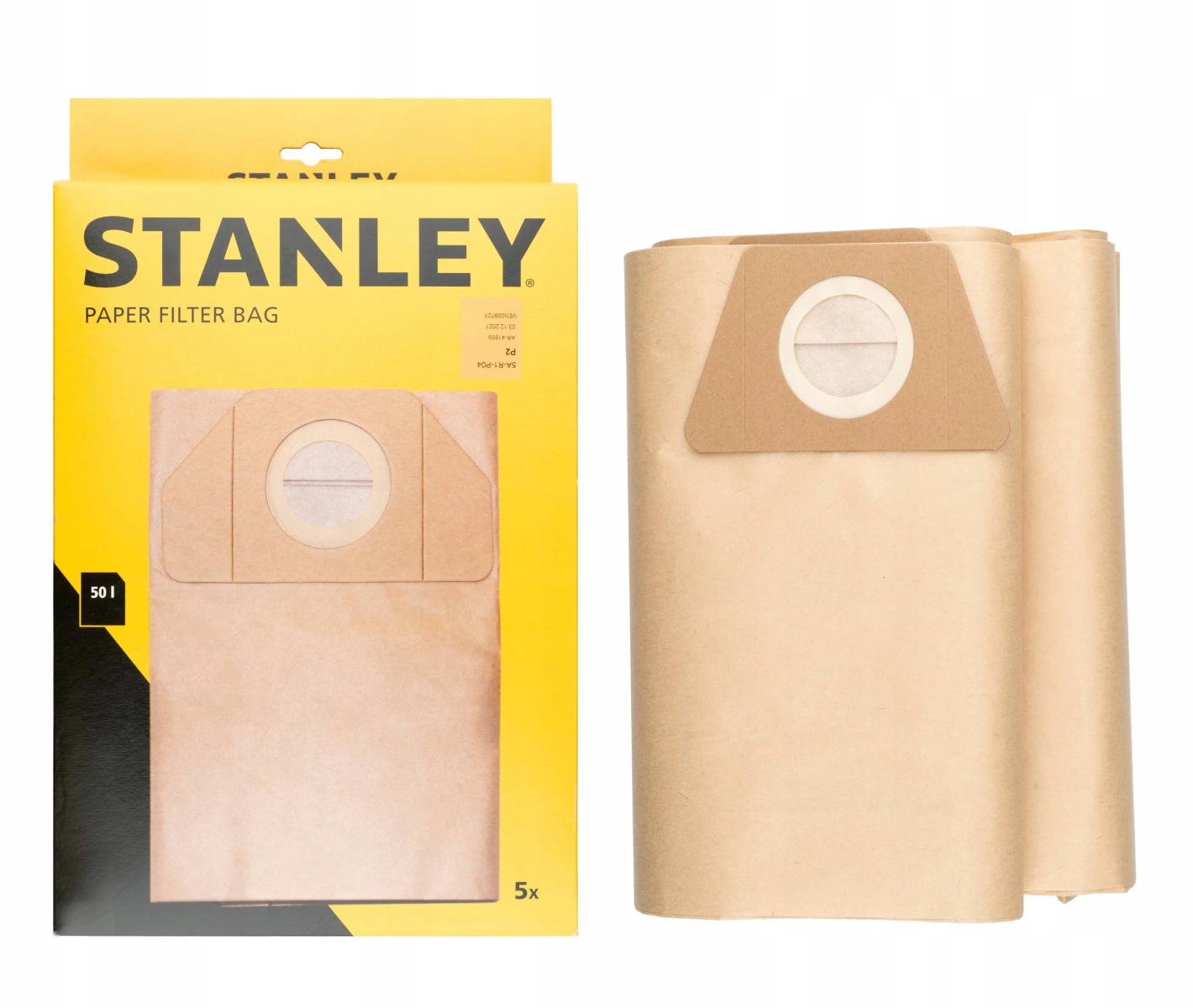 Paquete de bolsas de filtro de papel Stanley. Caja y bolsas son color canela. El paquete muestra el logo Stanley y 50L de capacidad.