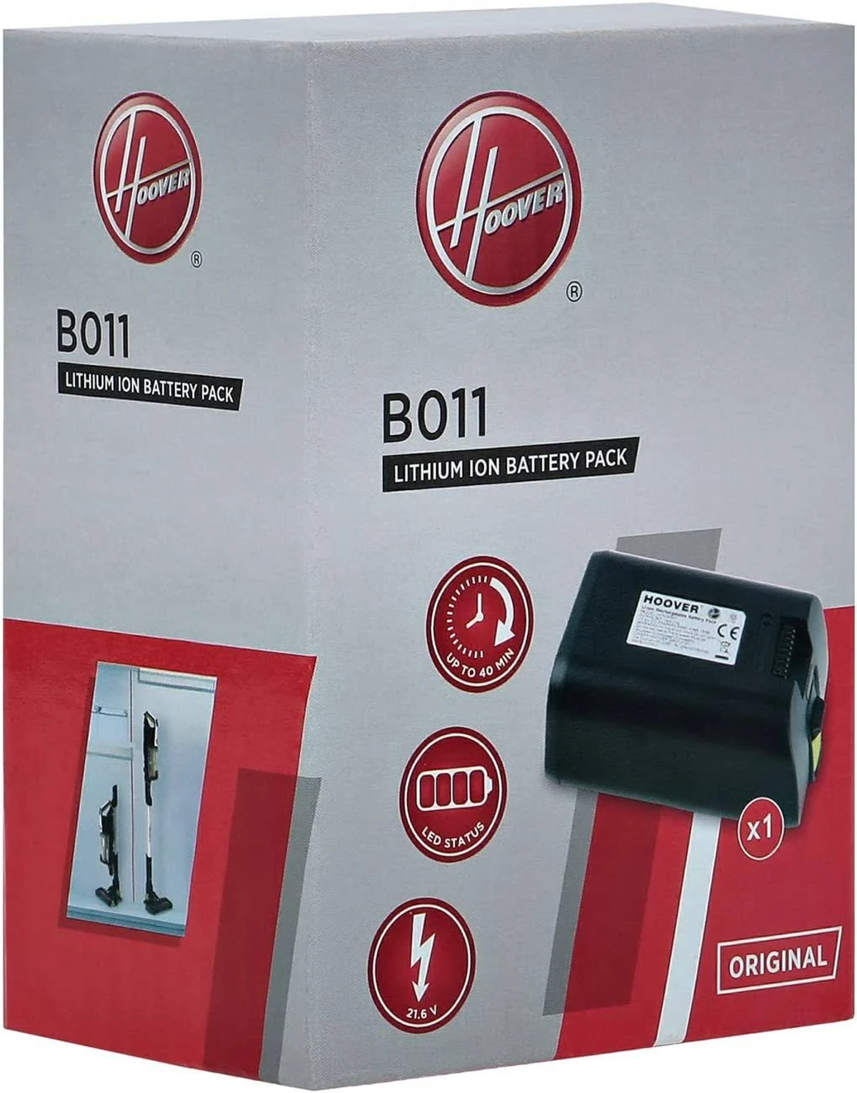 Pudełko na akumulator Hoover, z baterią i zdjęciami produktu.