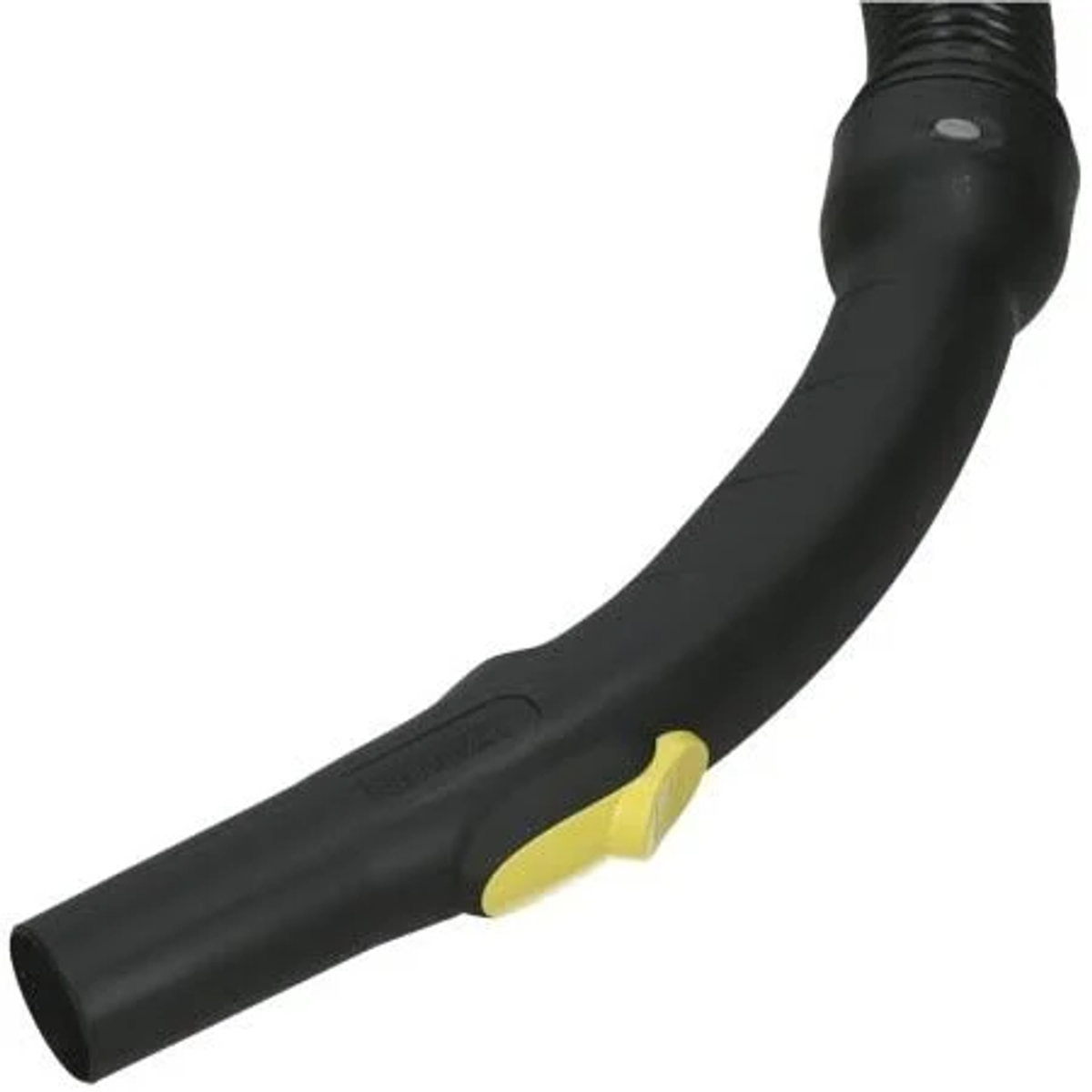 Un tubo nero per aspirapolvere con un pulsante giallo sul lato.