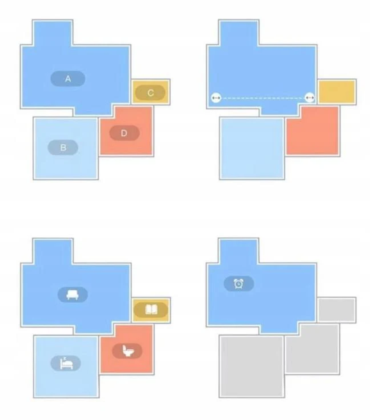 Quattro diagrammi della disposizione di una stanza. Mostrano l'uso di diverse aree con mobili e oggetti.