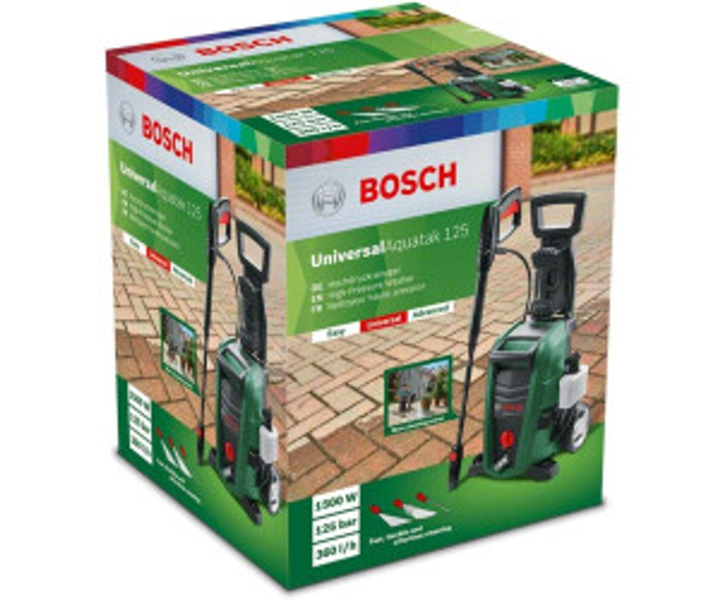 Un nettoyeur haute pression Bosch UniversalAquatak 125 dans une boîte colorée.
