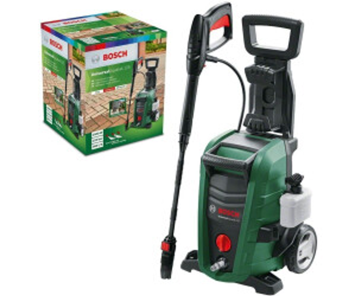 Un nettoyeur haute pression Bosch vert avec accessoires.