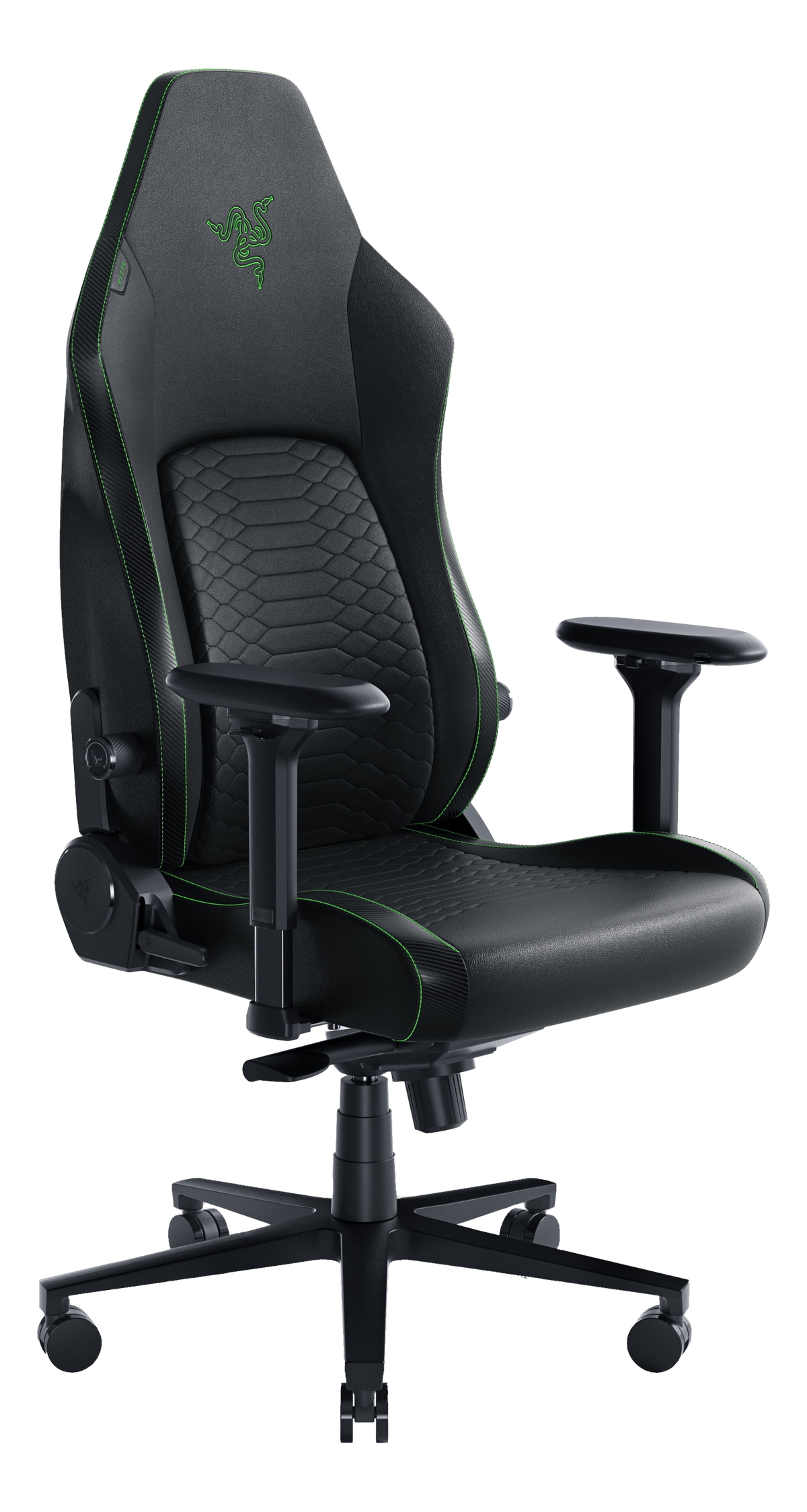 Silla gaming negra con detalles verdes. Logo Razer en el reposacabezas.