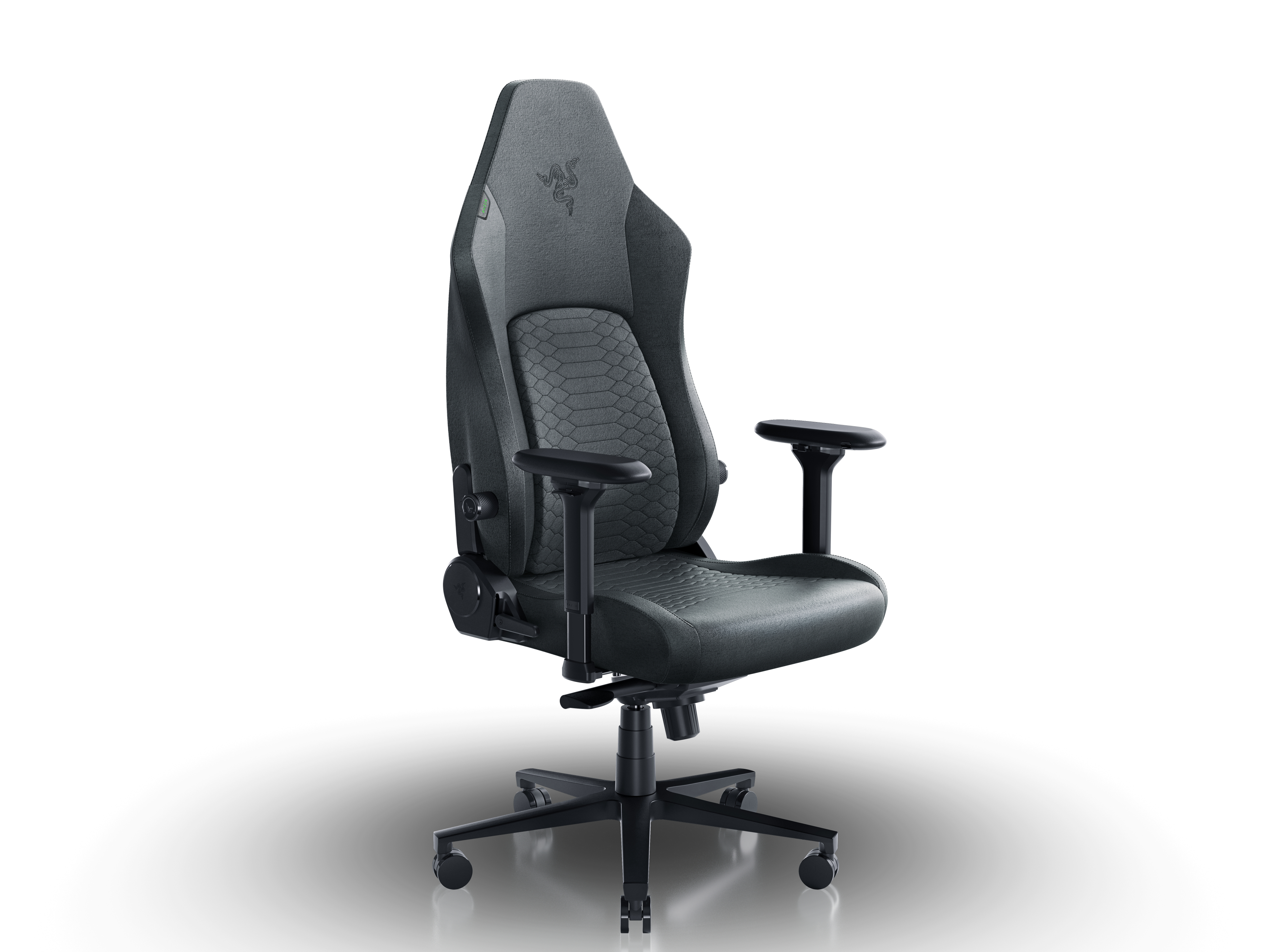 Sedia da gaming Razer nera e grigia con poggiatesta e braccioli.