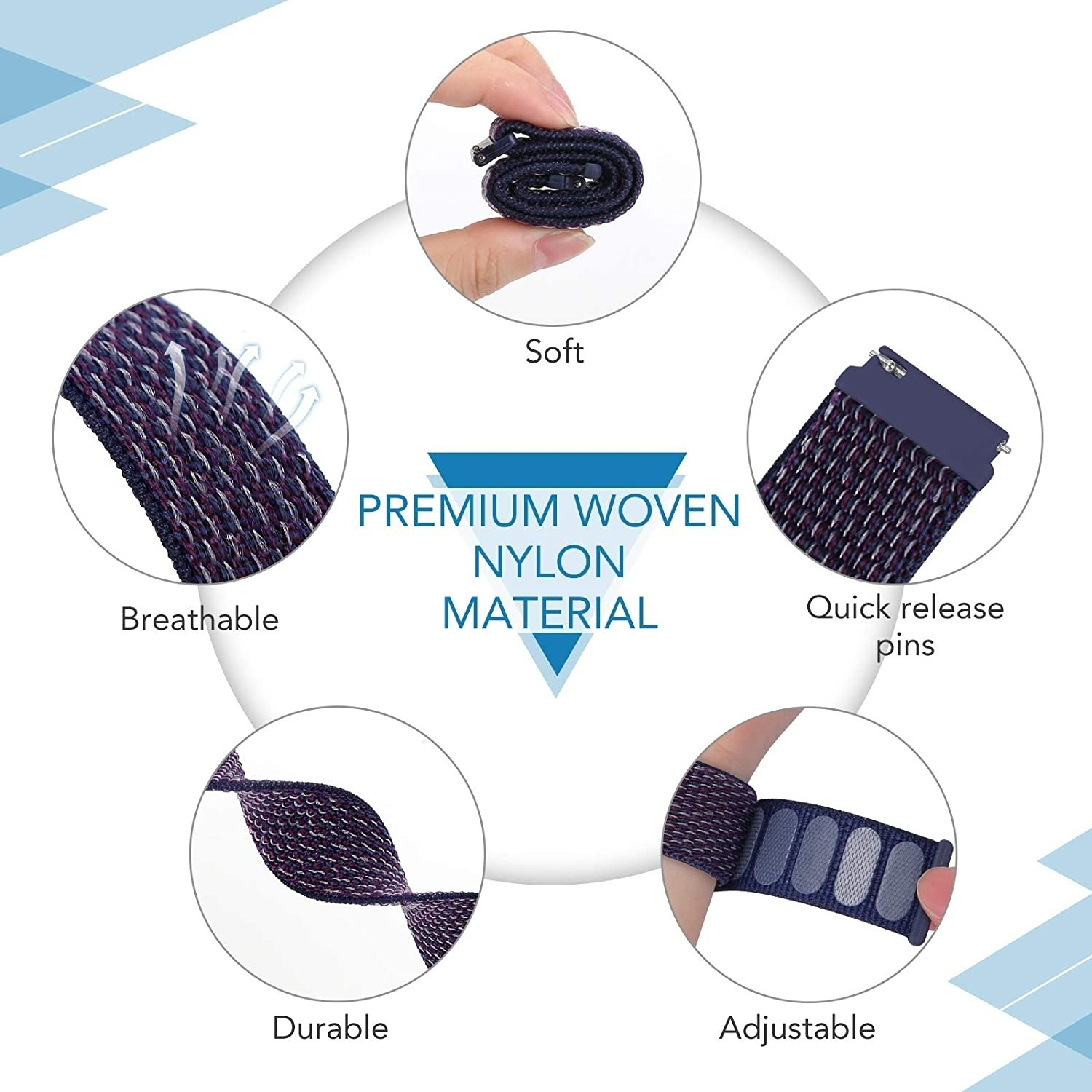 Ein Premium-Nylon-Armband mit Details: weich, atmungsaktiv, haltbar, Schnellspanner, verstellbar.