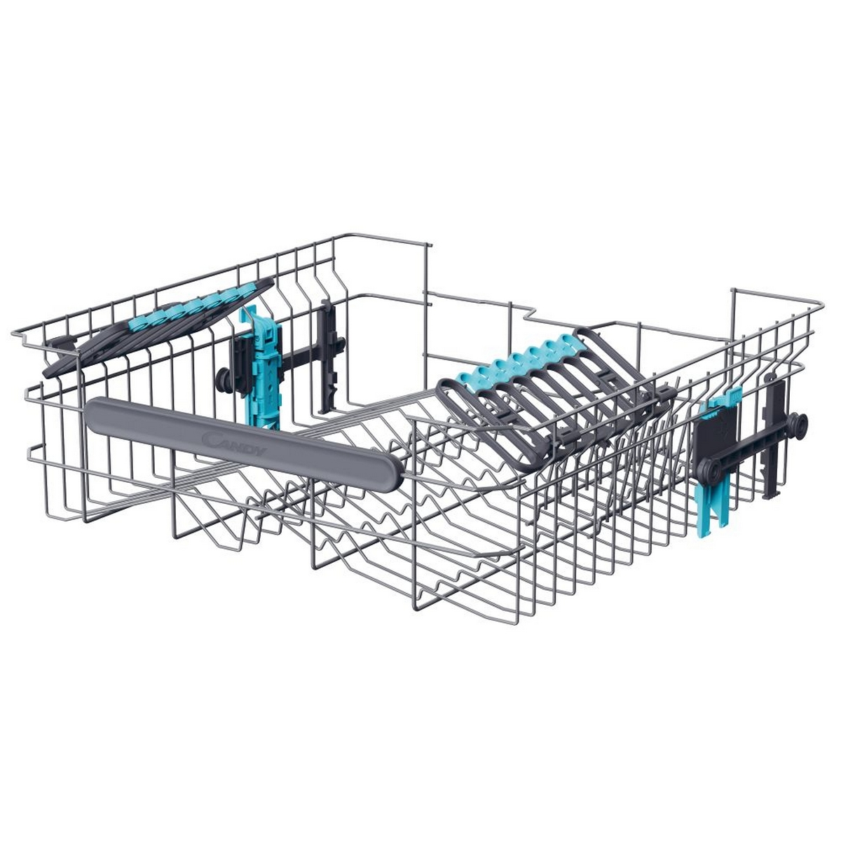 Cestello lavastoviglie con divisori e supporti blu, colore metallico.