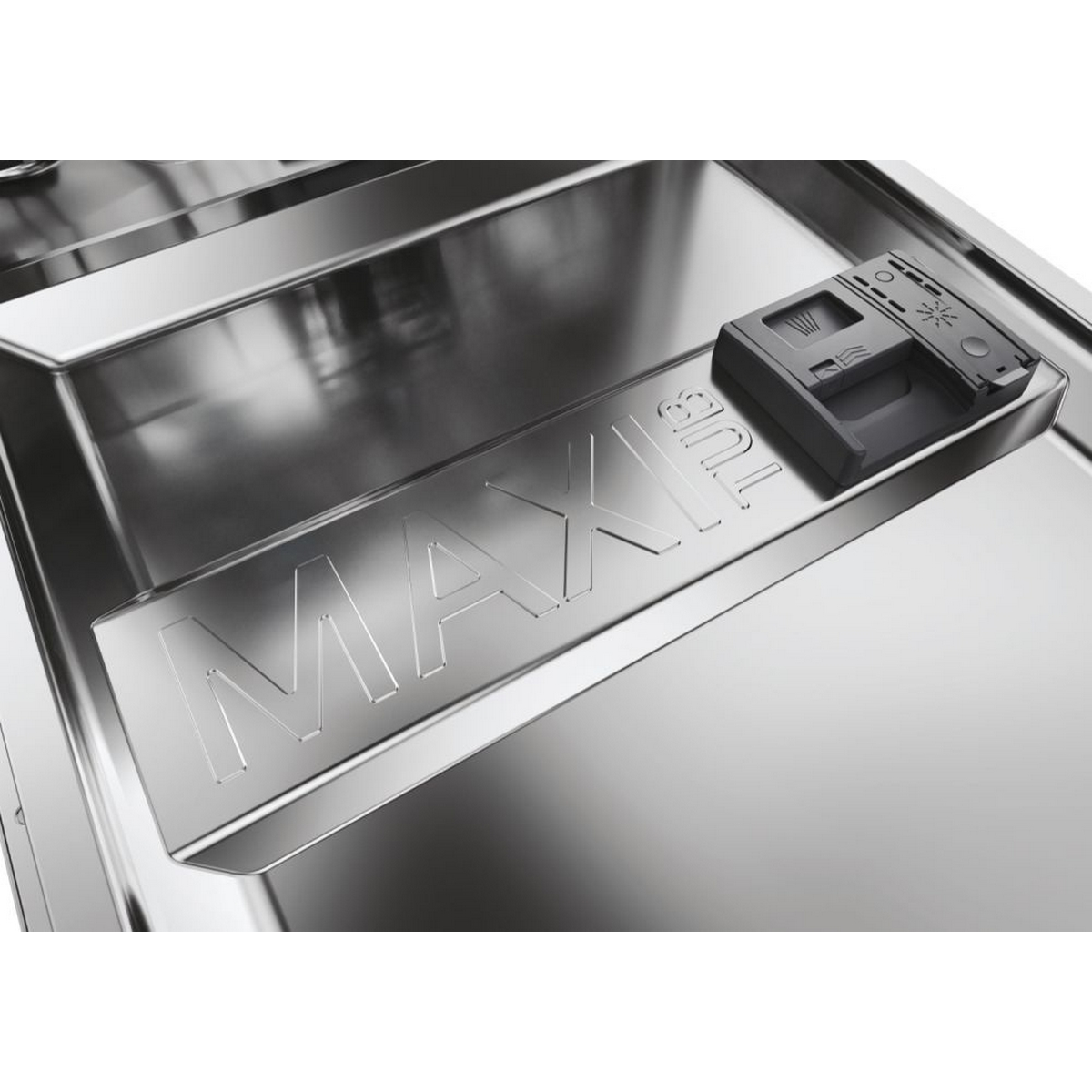 Un interno grigio della lavastoviglie mostra una placca «MAX» e un dispenser di brillantante.