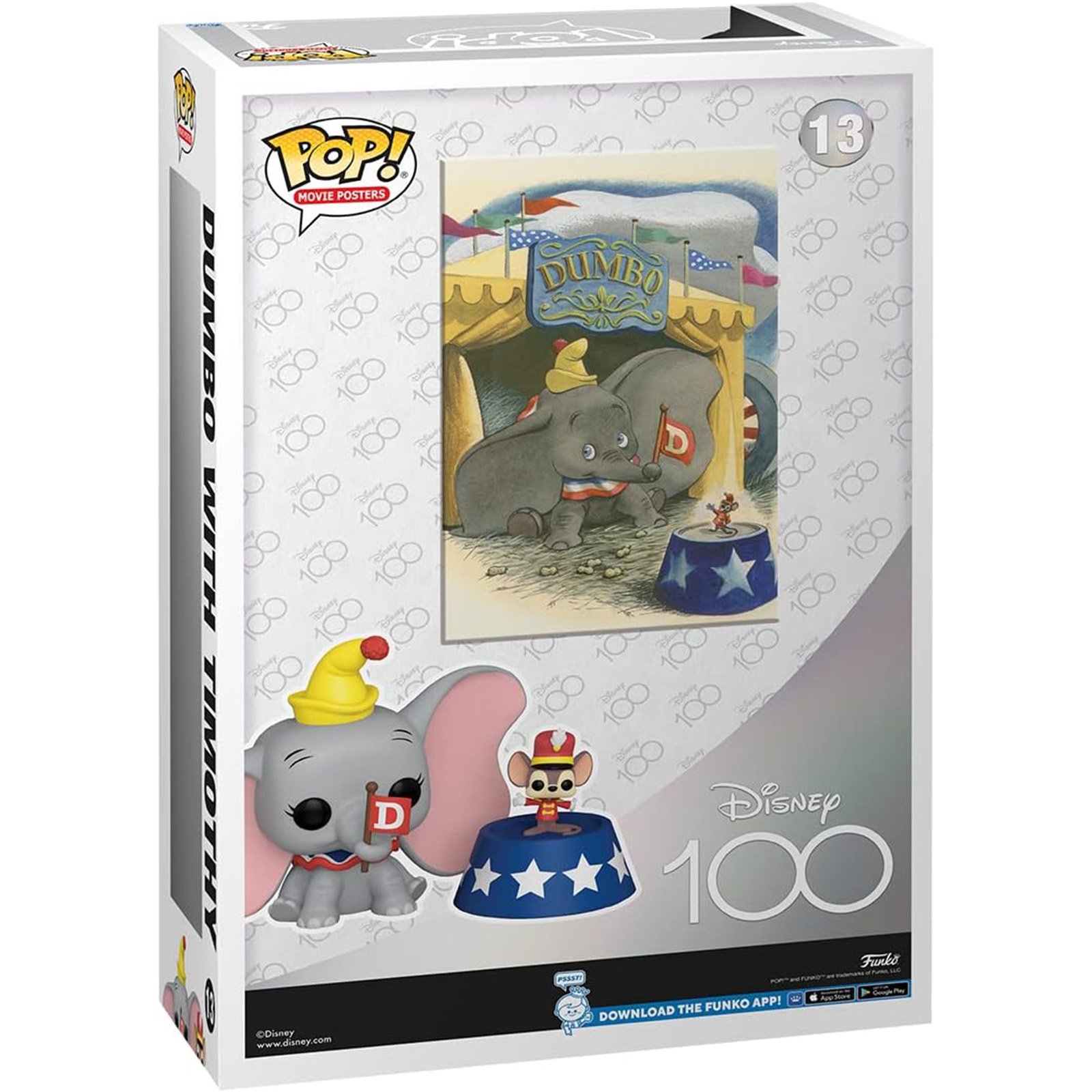 Una caja Funko Pop de Dumbo con Timothy, logo Disney 100.