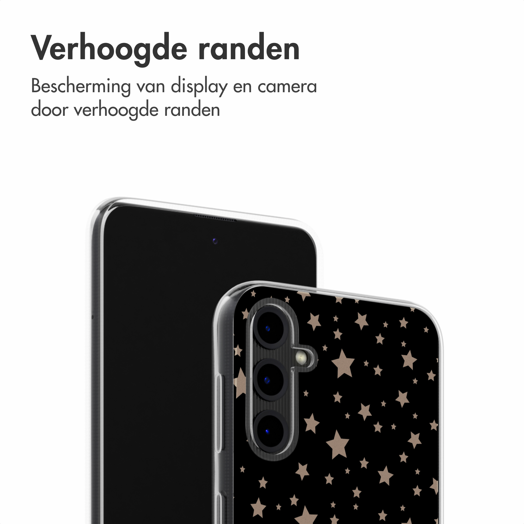 Custodia per telefono con motivo a stelle. Testo: "Verhoogde randen" (bordi rialzati) protegge schermo e fotocamera.