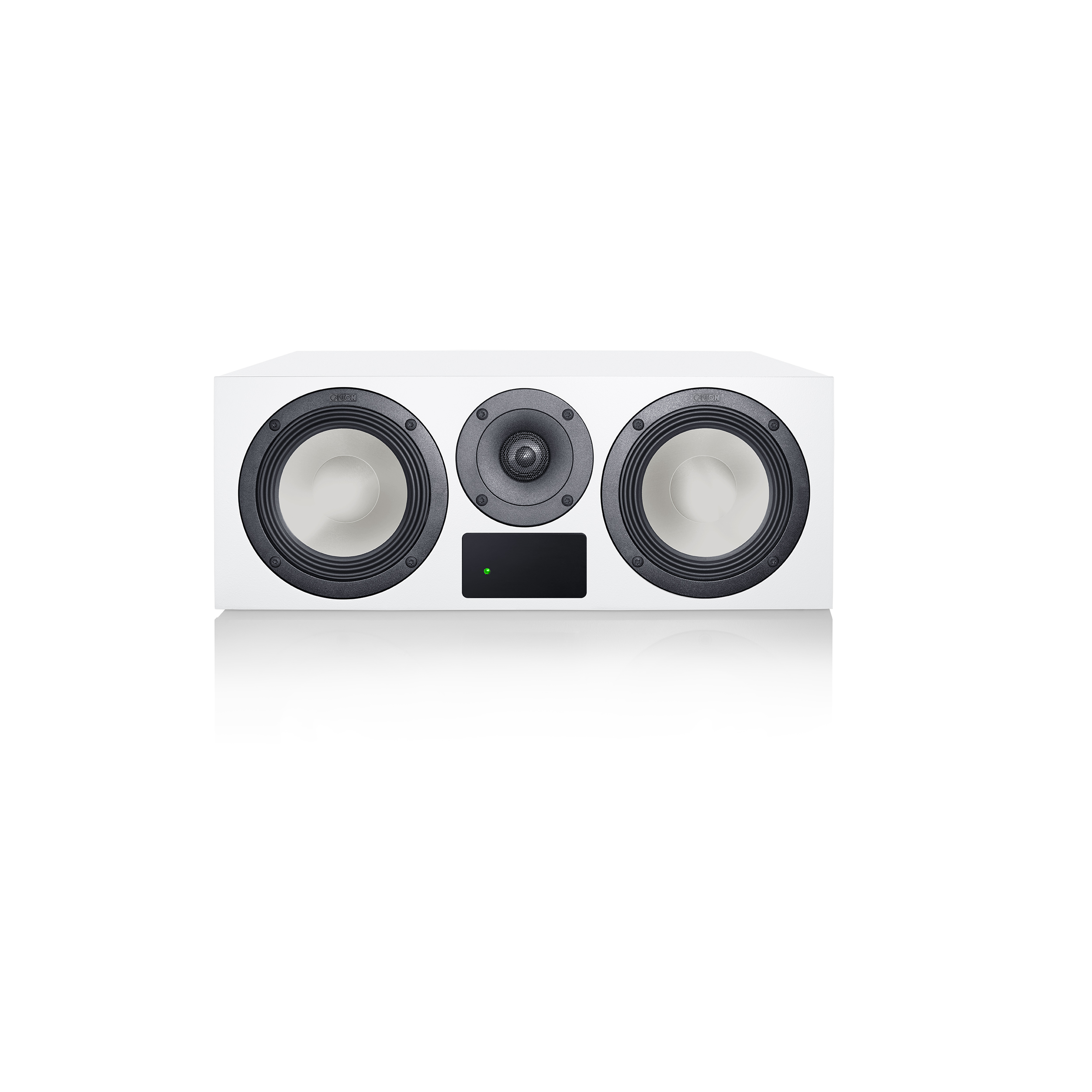White rectangular speaker with three black speakers and a green power light.