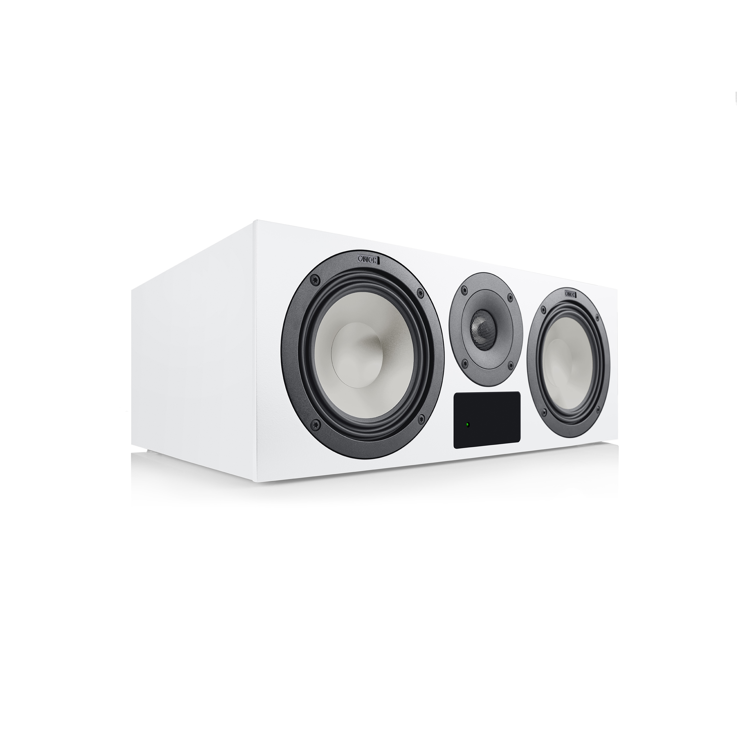 A white rectangular speaker with three black speaker components.