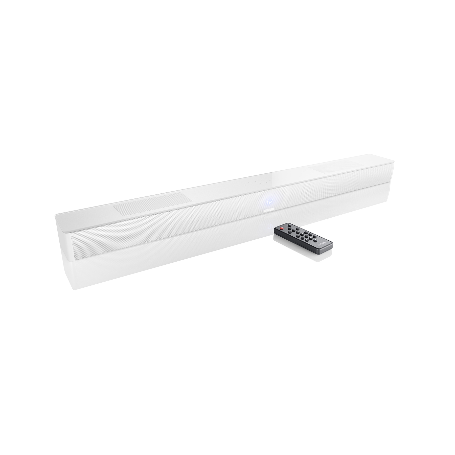 Barre de son blanche avec une télécommande. La barre de son est sur une surface blanche.
