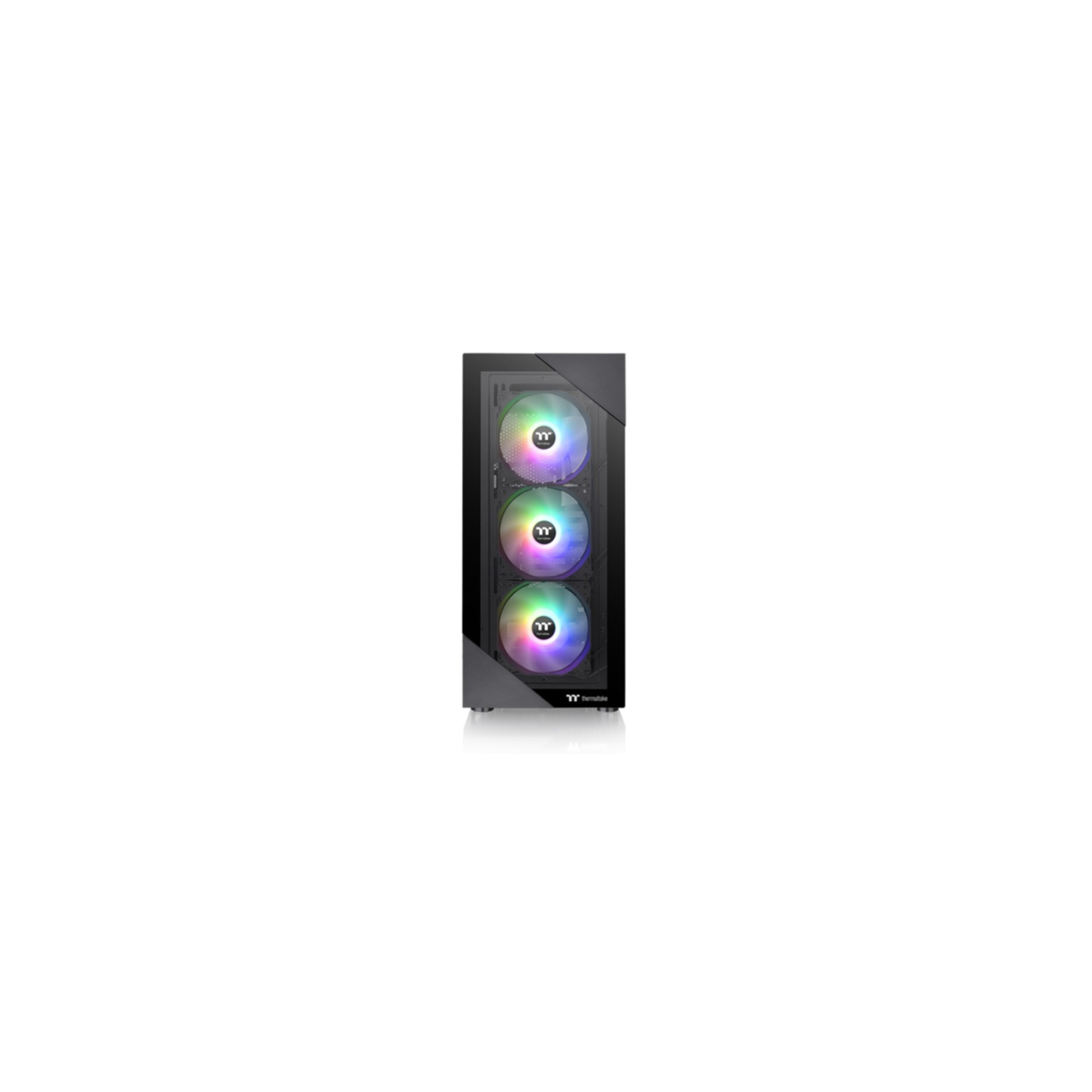 Schwarzes Computergehäuse mit drei Lüftern, die durch die Frontplatte sichtbar sind. Die Lüfter haben farbige Lichter.