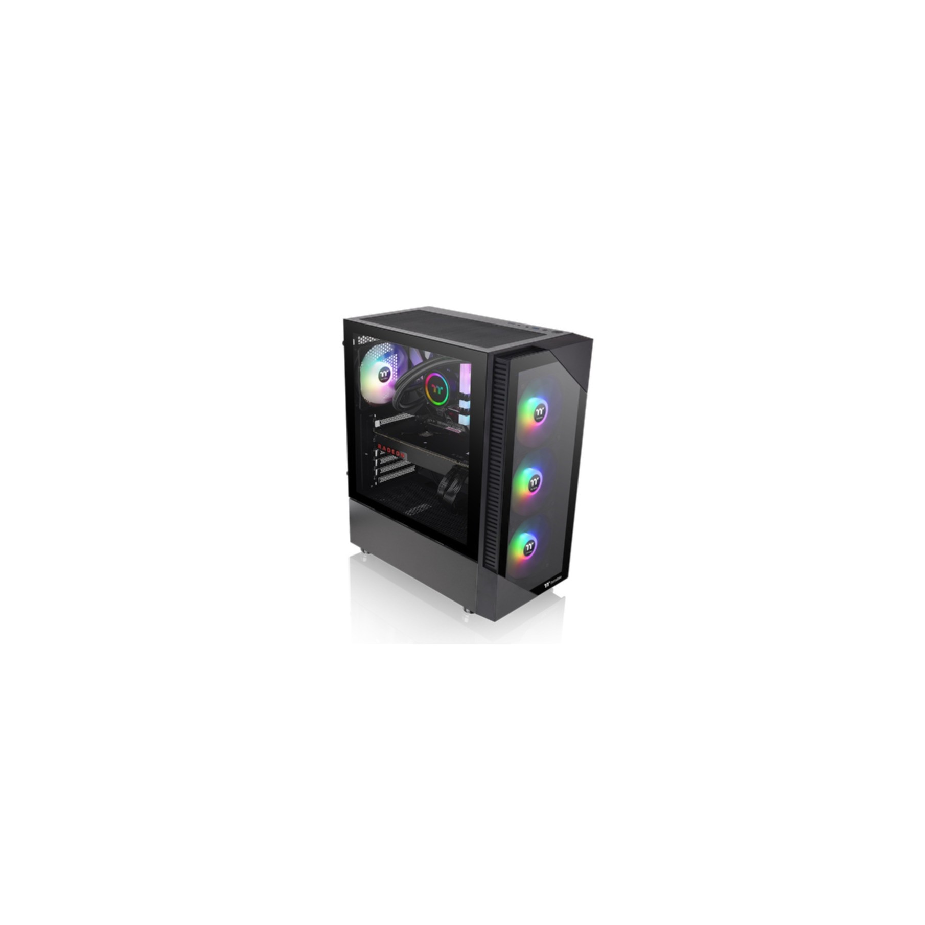 Schwarzes Computergehäuse mit durch Glasscheibe sichtbaren Komponenten. Auf weißem Hintergrund.