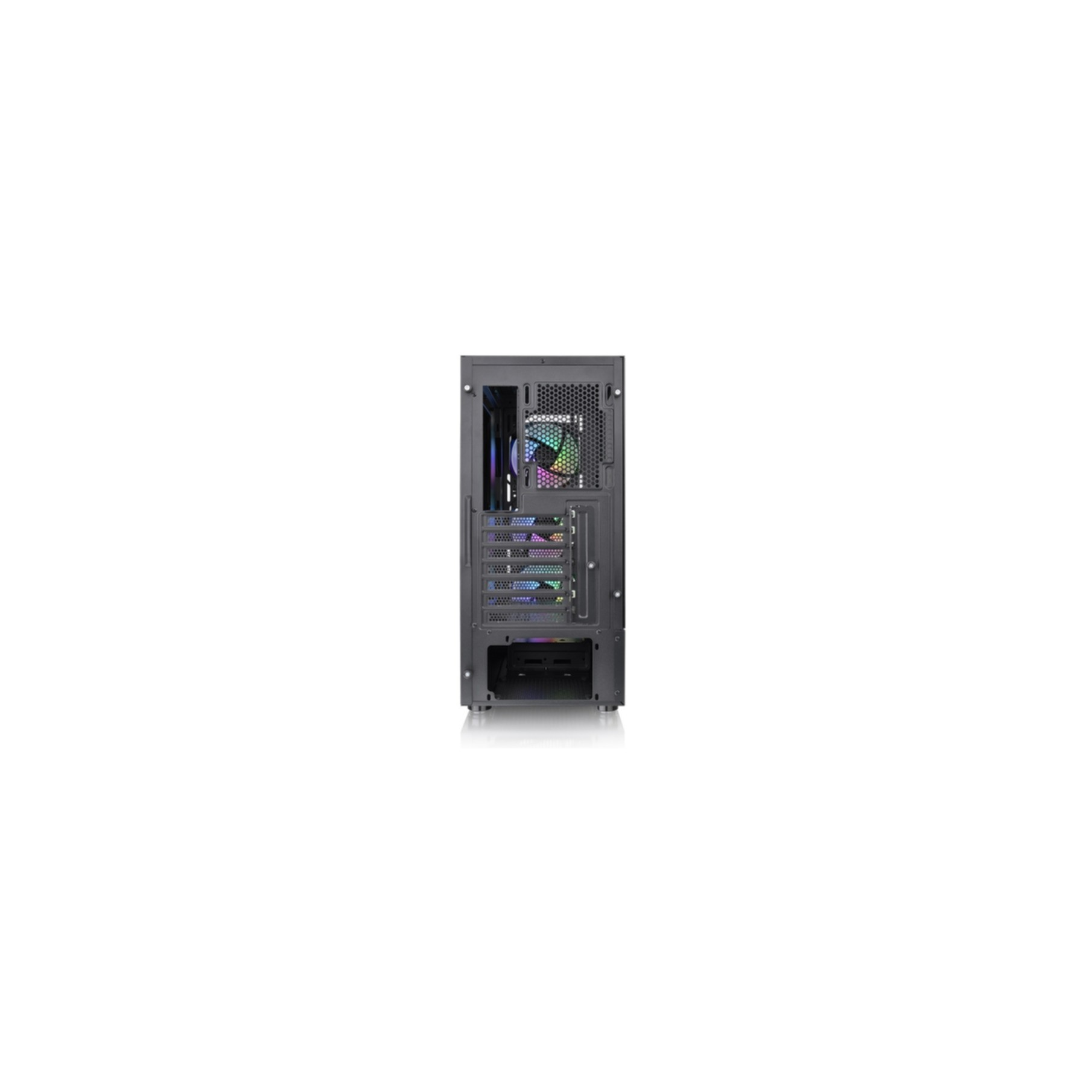 Computergehäuse mit sichtbarer Rückwand mit Lüfter und Komponenten.