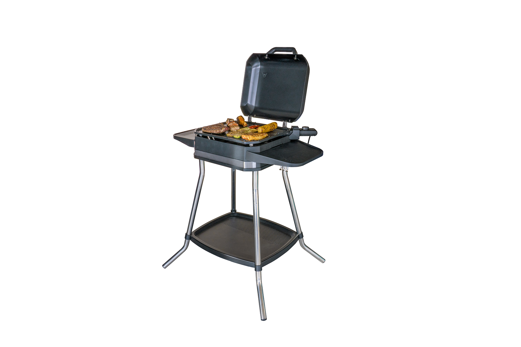 Ein schwarzer und grauer Elektrogrill auf einem Ständer. Auf dem Grill befindet sich Essen.