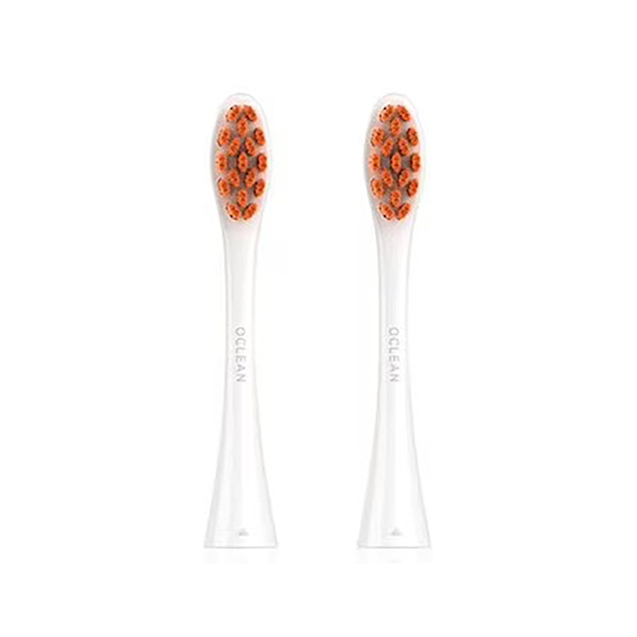 Due testine per spazzolino Oclean bianche con setole arancioni, isolate su sfondo bianco.