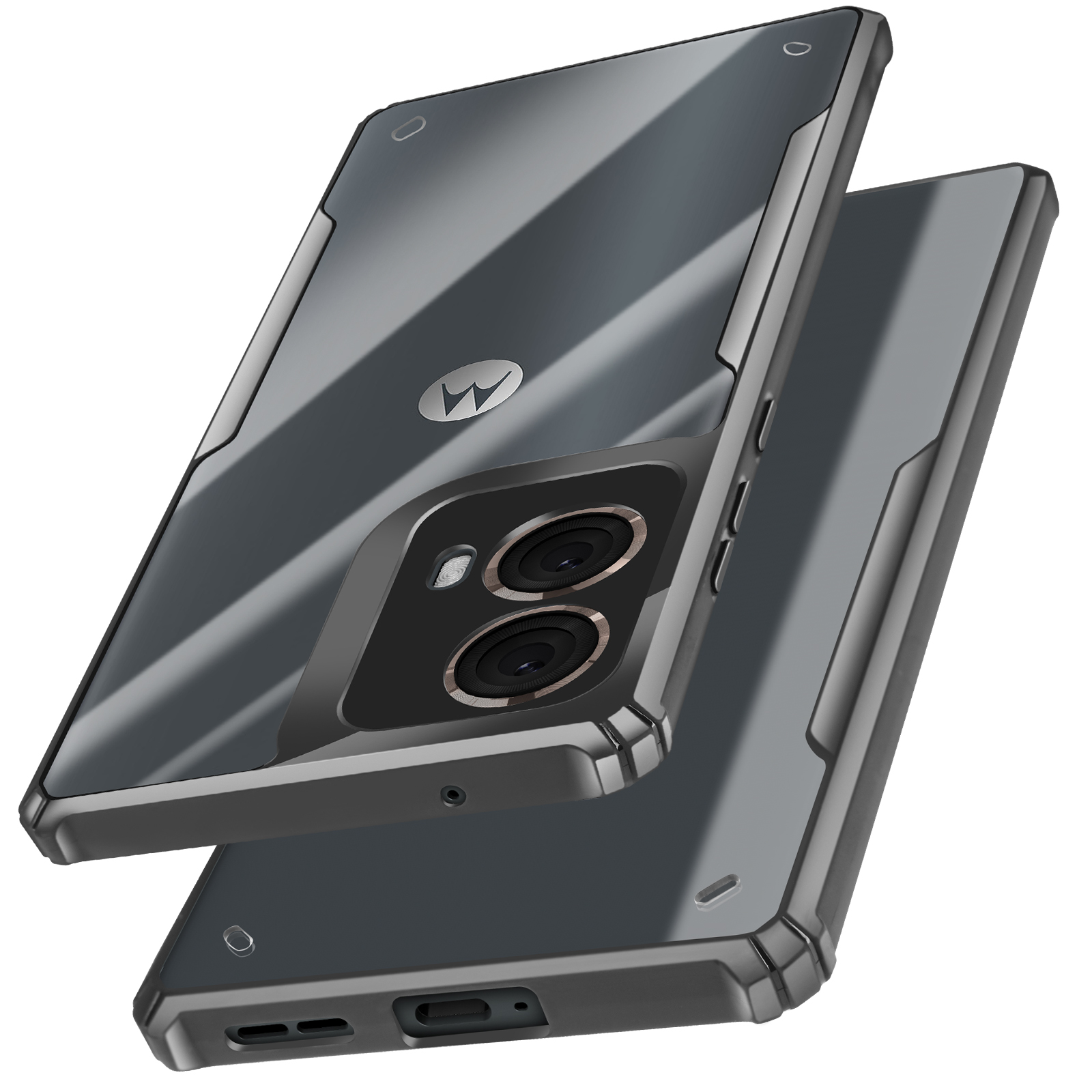 Custodia per telefono nera con doppia fotocamera su sfondo grigio.