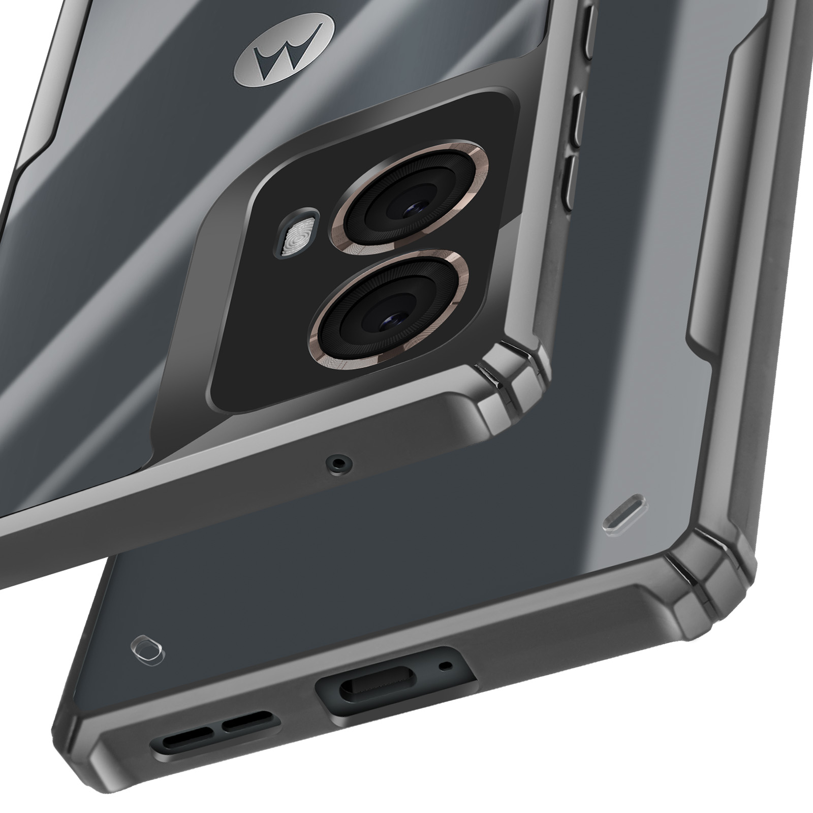 Una custodia per telefono in grigio. La custodia ha una configurazione a doppia fotocamera.